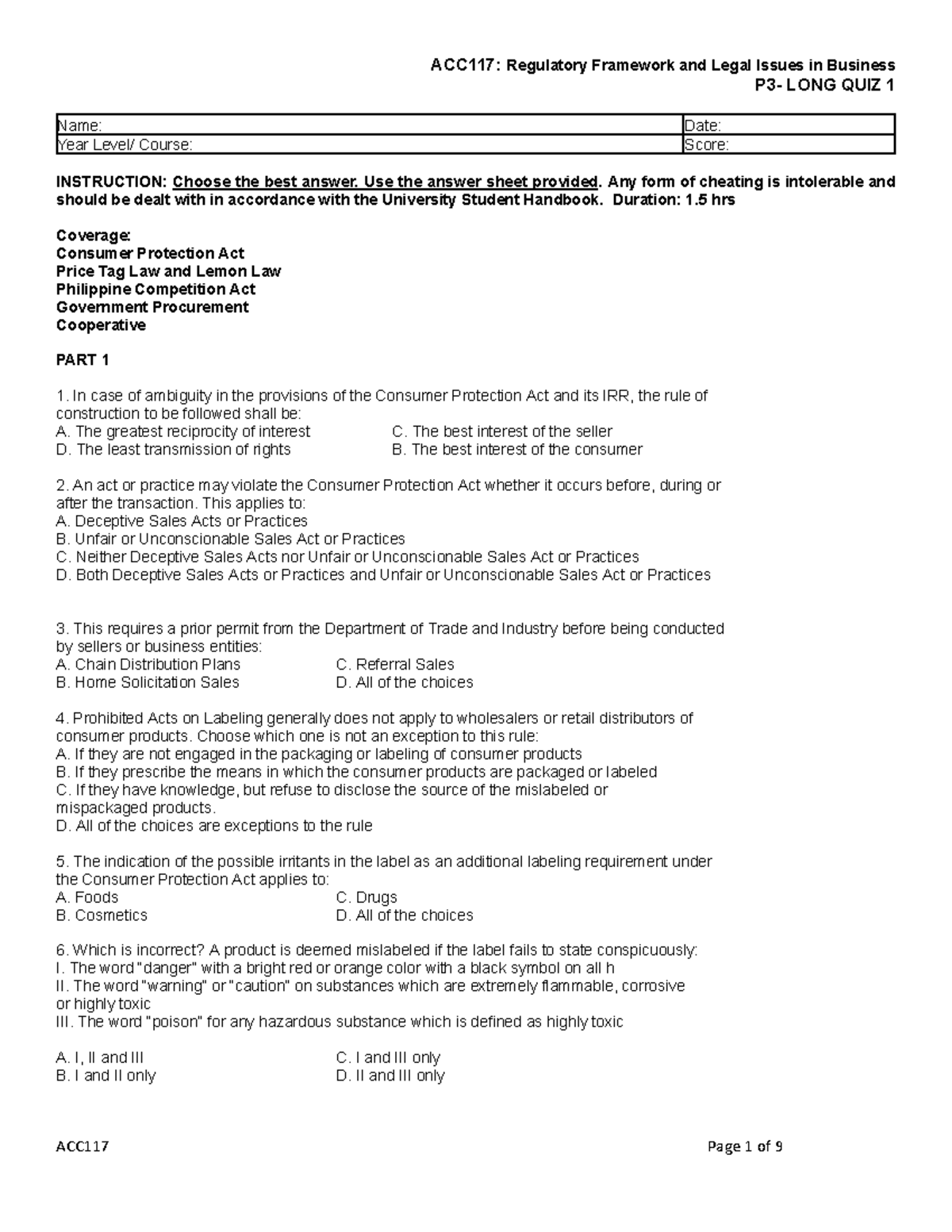 ACC117: Long Quiz 1 on Regulatory Framework & Legal Issues in Business ...