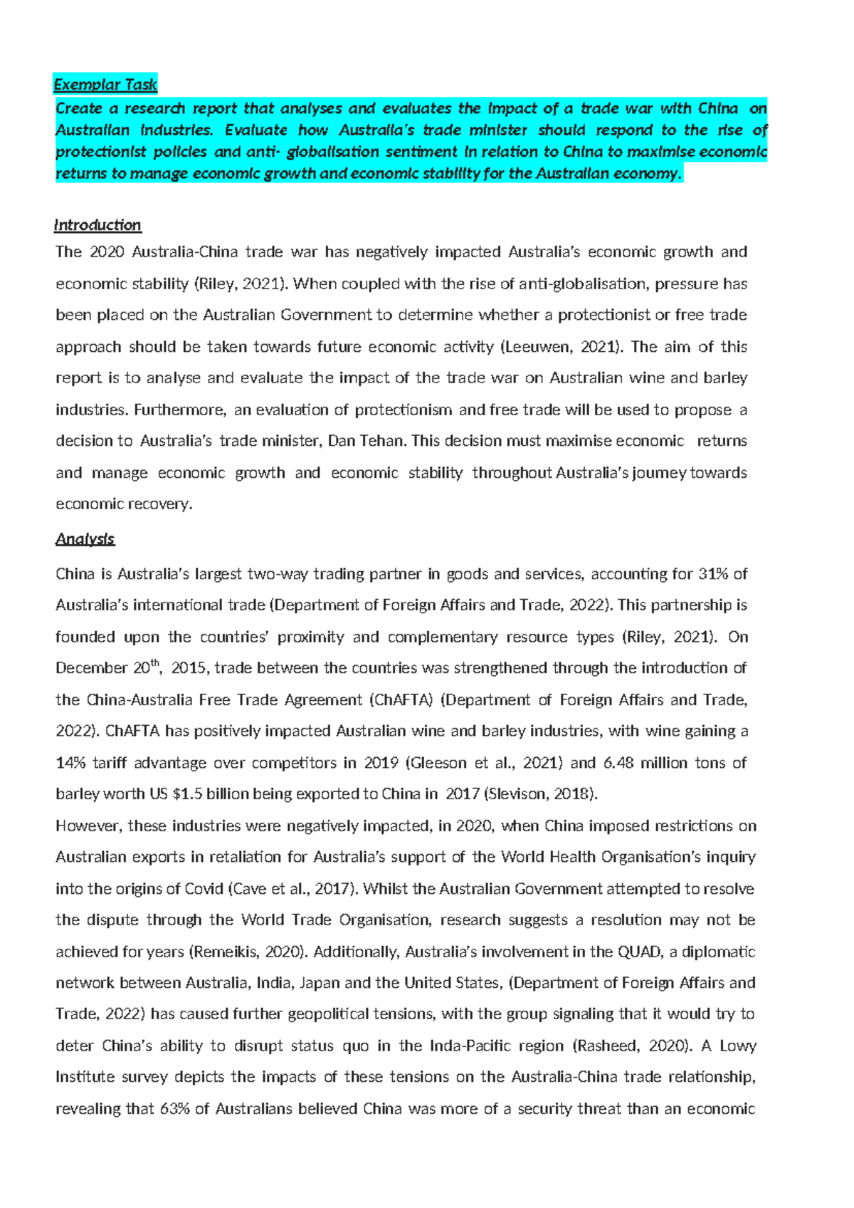 Economics - IA2 Exemplar: Analyzing Trade War Impacts on Australia ...