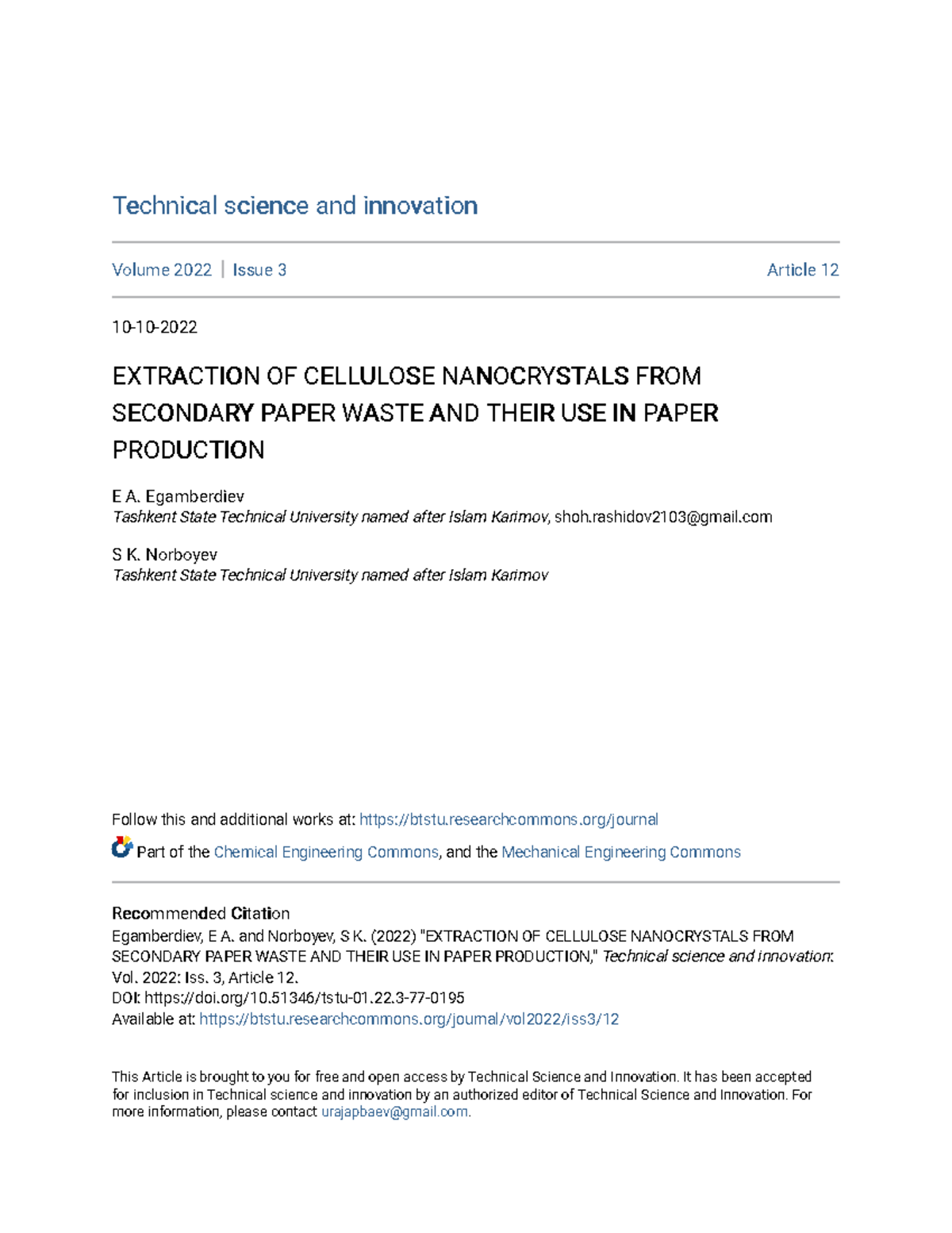 Extraction of Cellulose Nanocrystals from Secondary Paper Waste: A ...