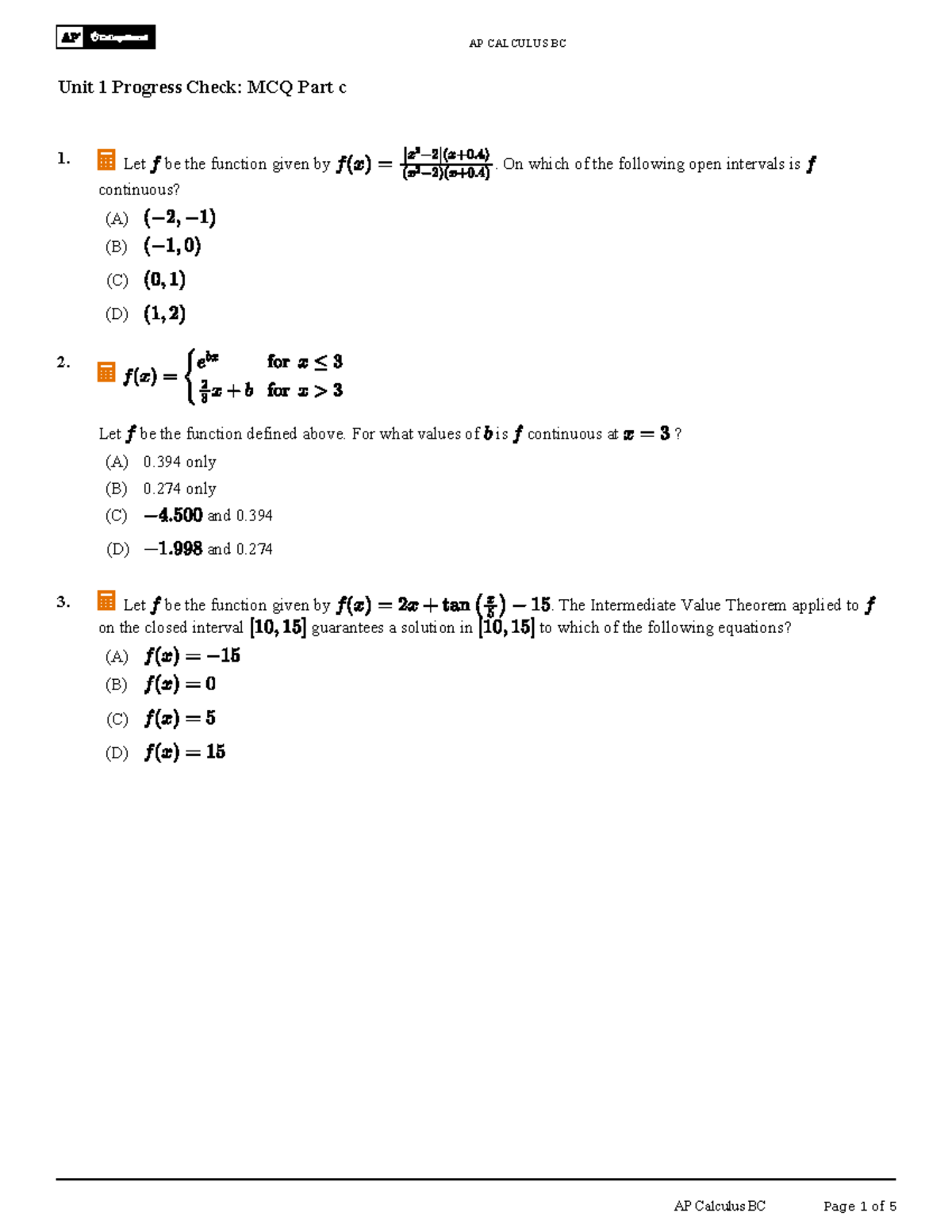 AP CALCULUS BC Unit 1 Progress Check: MCQ Part C - Studocu