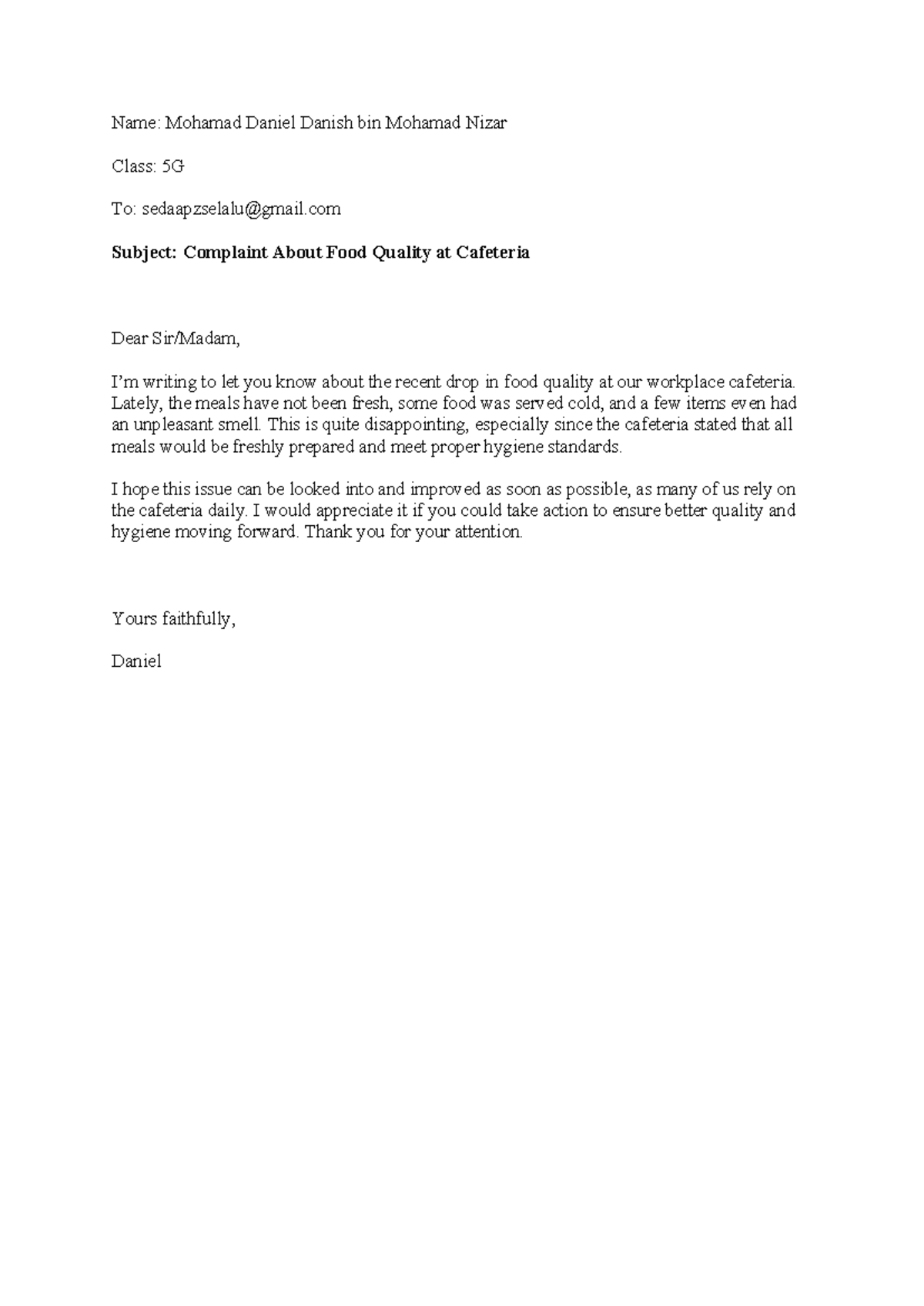 5G Writing Complaint: Food Quality Issues at Cafeteria - Studocu