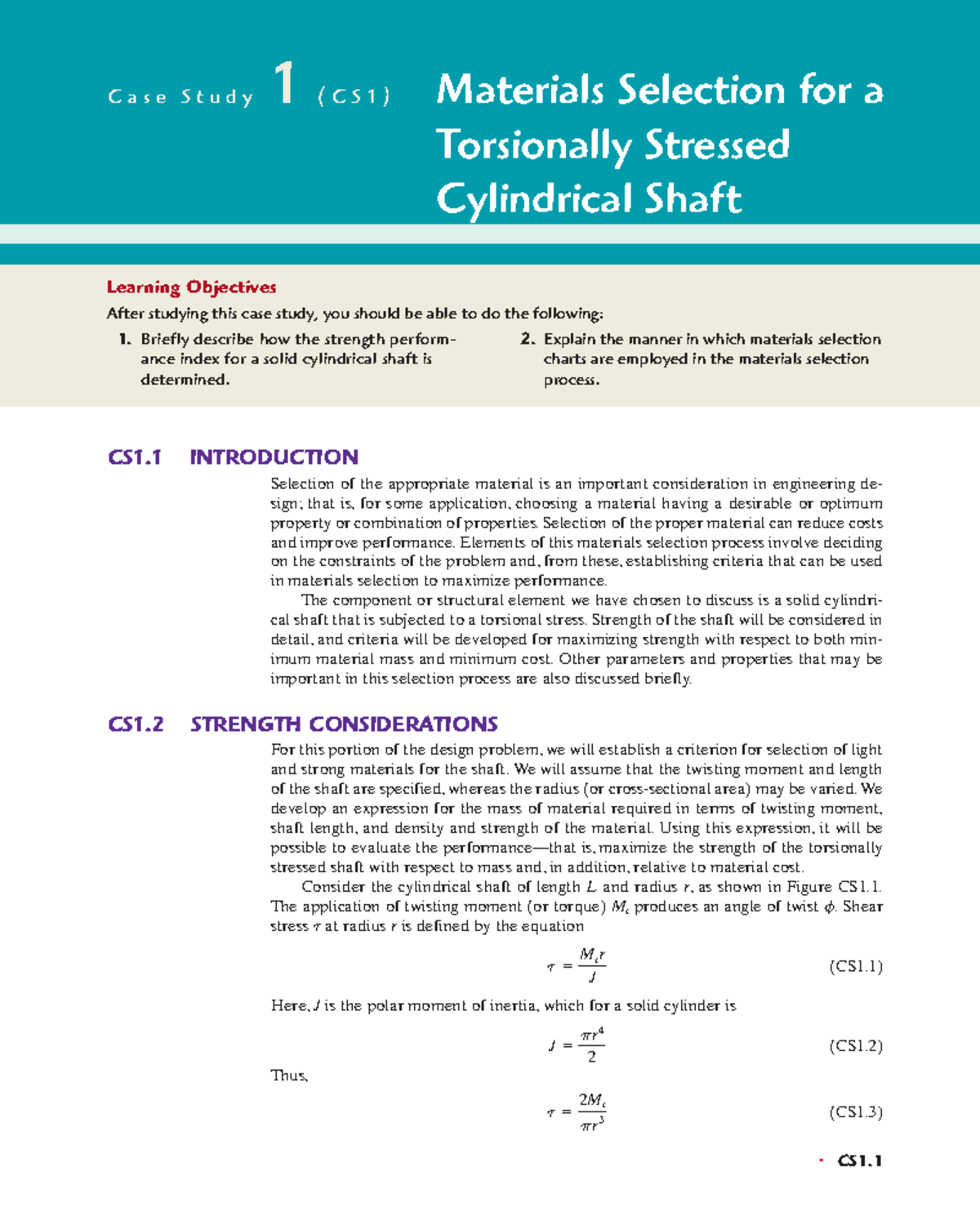 Case Study 1 (CS1): Materials Selection for Torsionally Stressed Shafts ...