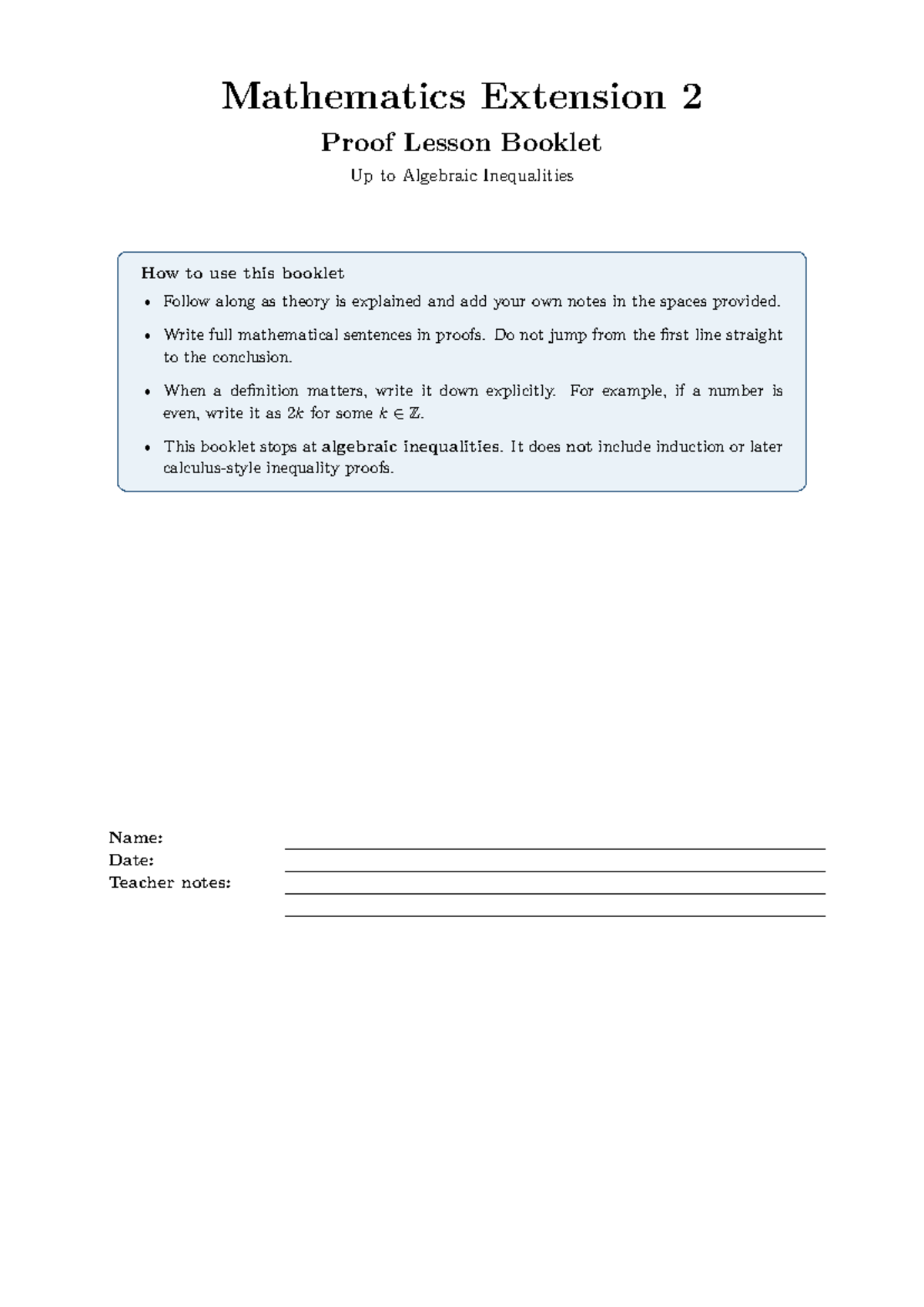 Extension 2 Proof Lesson Booklet: Algebraic Inequalities and Techniques ...
