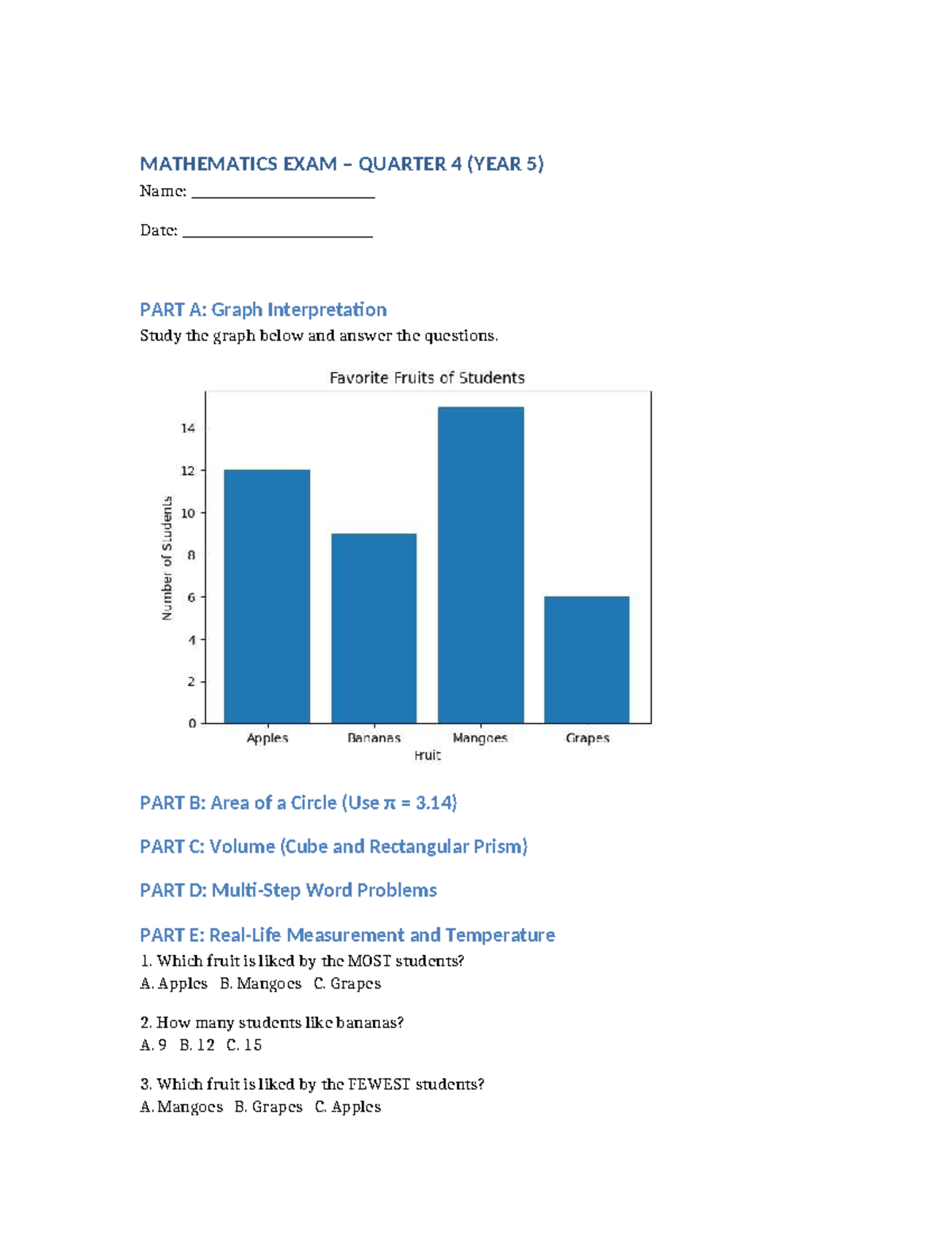 MATHEMATICS EXAM Q4 (YEAR 5): Graphs, Area, Volume & Word Problems ...
