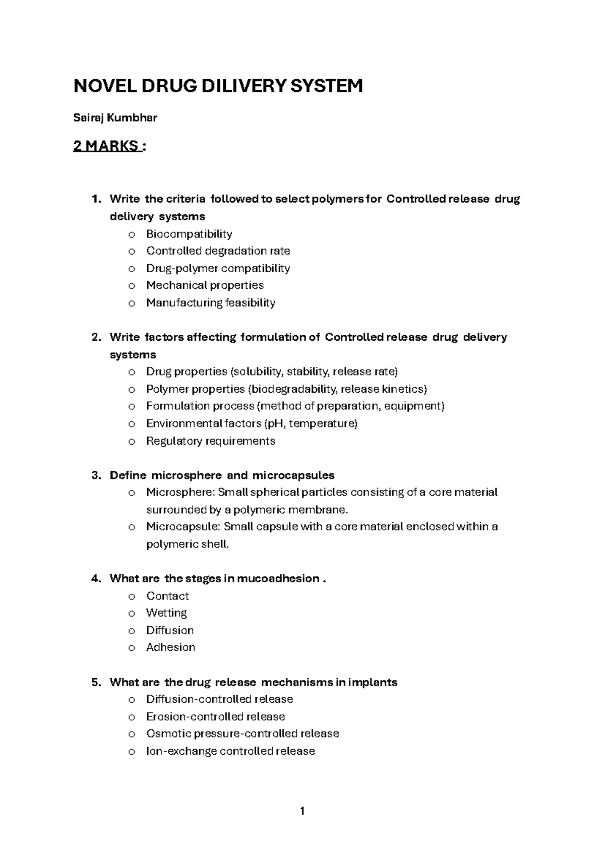 NDDS 2 Marks: Key Concepts in Novel Drug Delivery Systems - Studocu