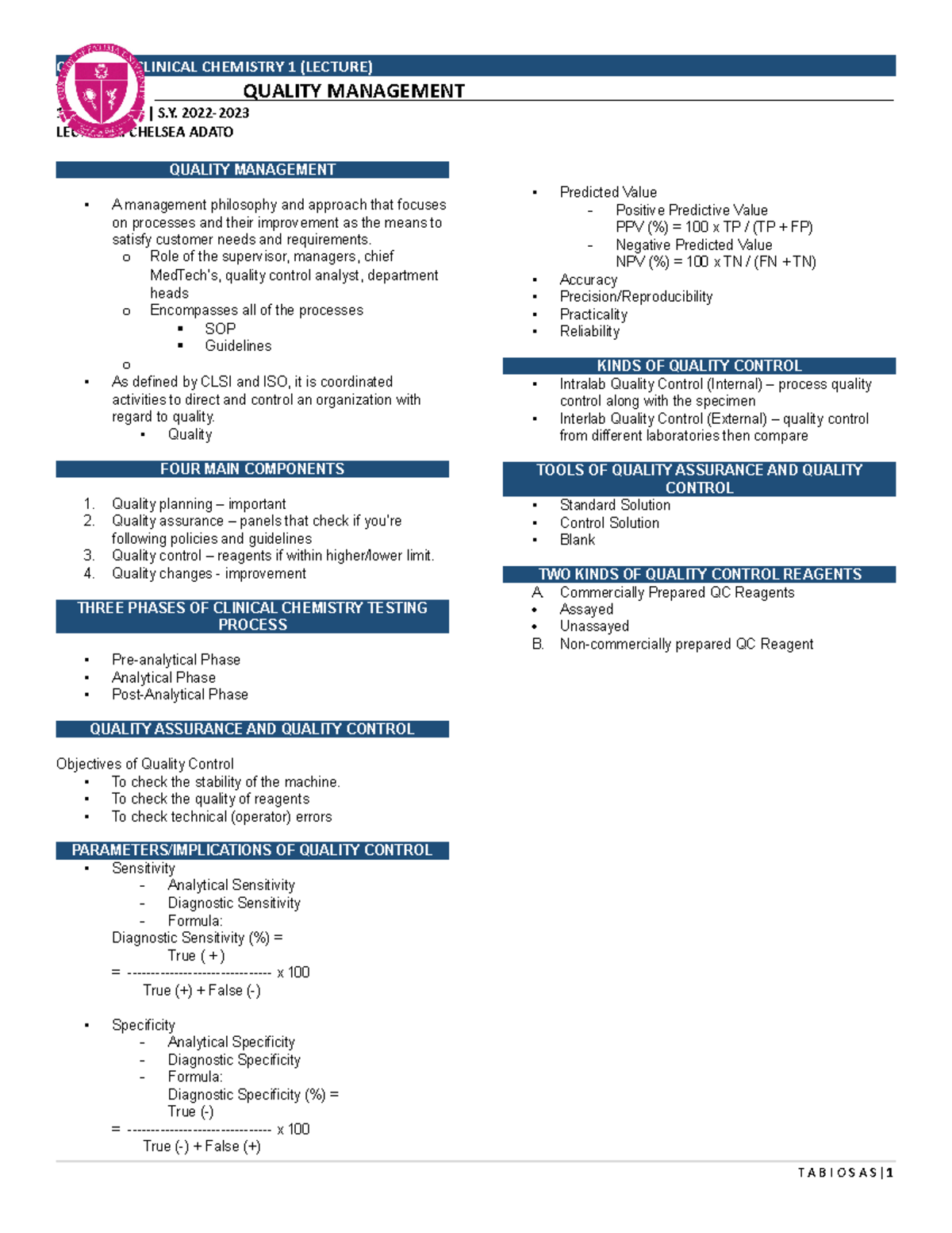CCHM311 WEEK 7: Quality Management in Clinical Chemistry - Studocu