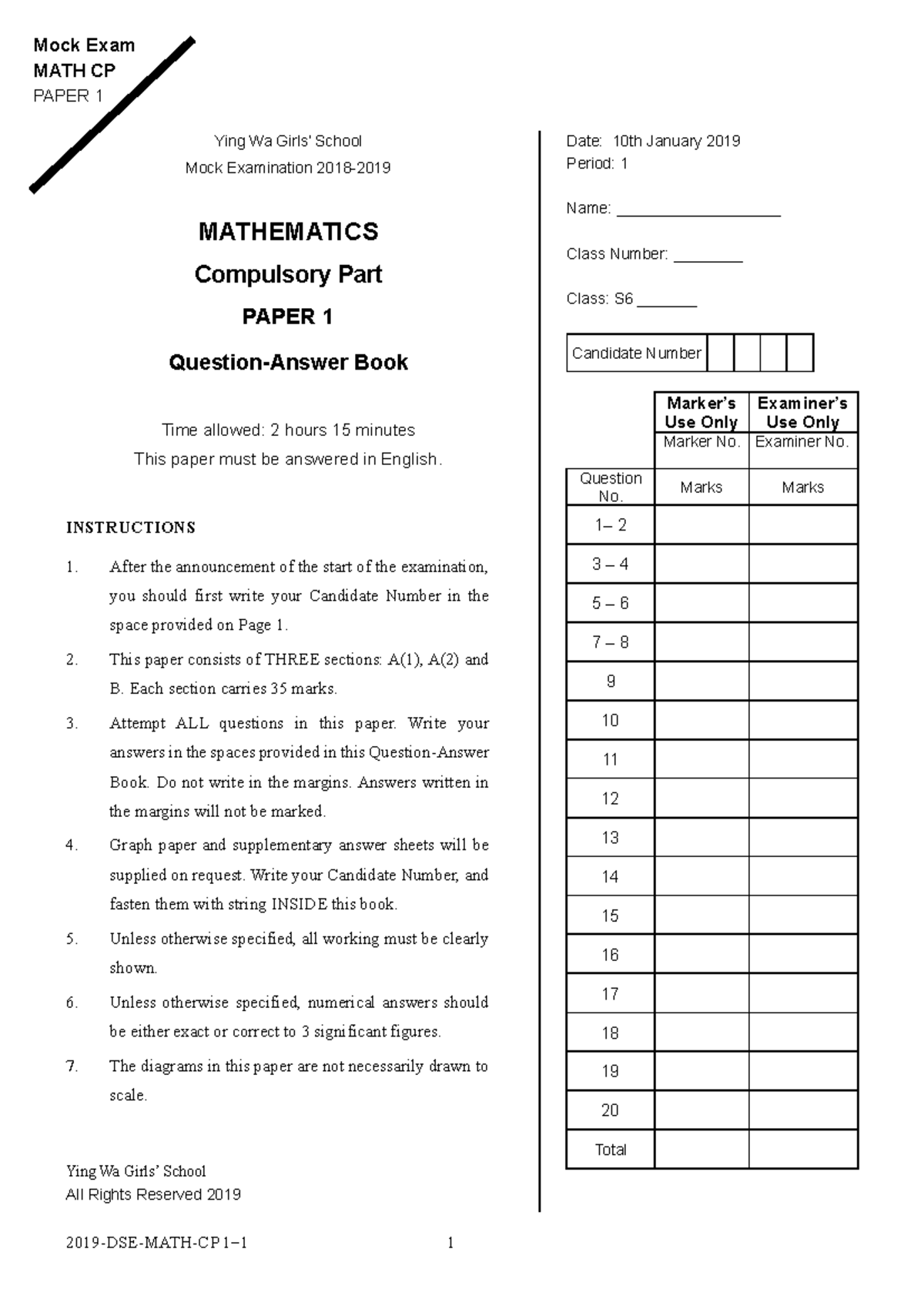 Mock Exam MATH CP PAPER 1 - Ying Wa School 2019 - Studocu