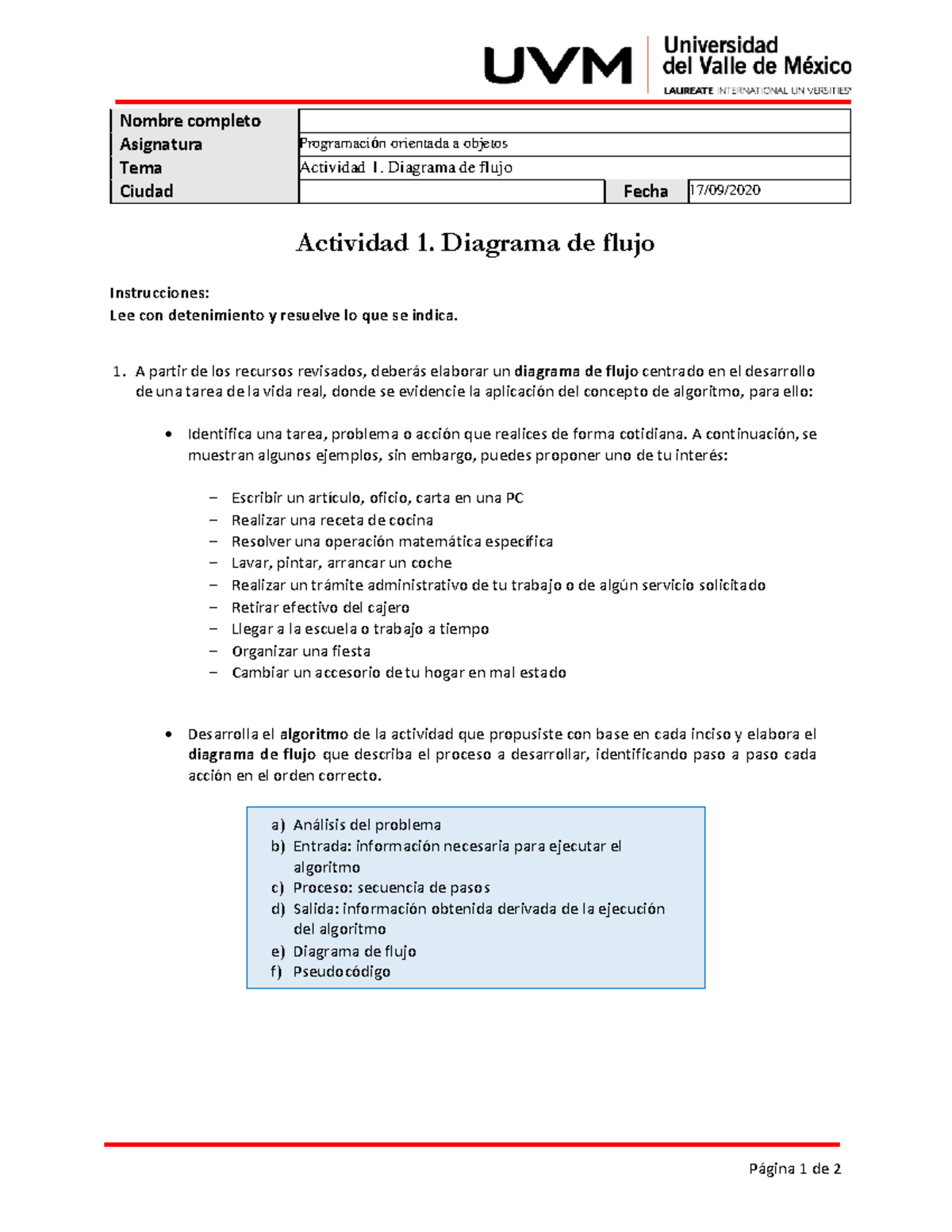 Actividad 1 - Diagrama de Flujo en Programación Orientada a Objetos ...