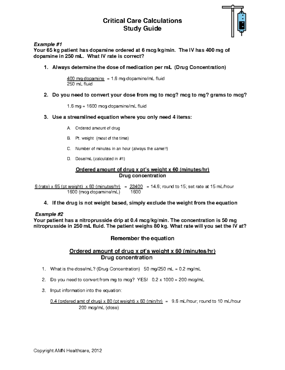 Critical Care Calculations Study Guide - What IV rate is correct? 1 ...