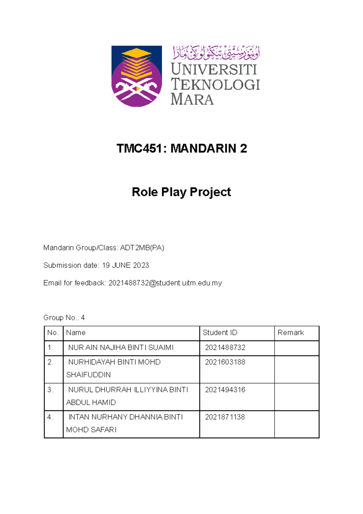 TMC451 - Corrected Role Play Script for Mandarin 2 Project - Studocu