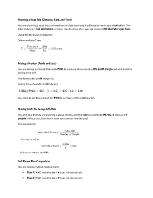 Algebra-scenarios - MATHEMATICS - Here are 20 real-life scenarios where ...