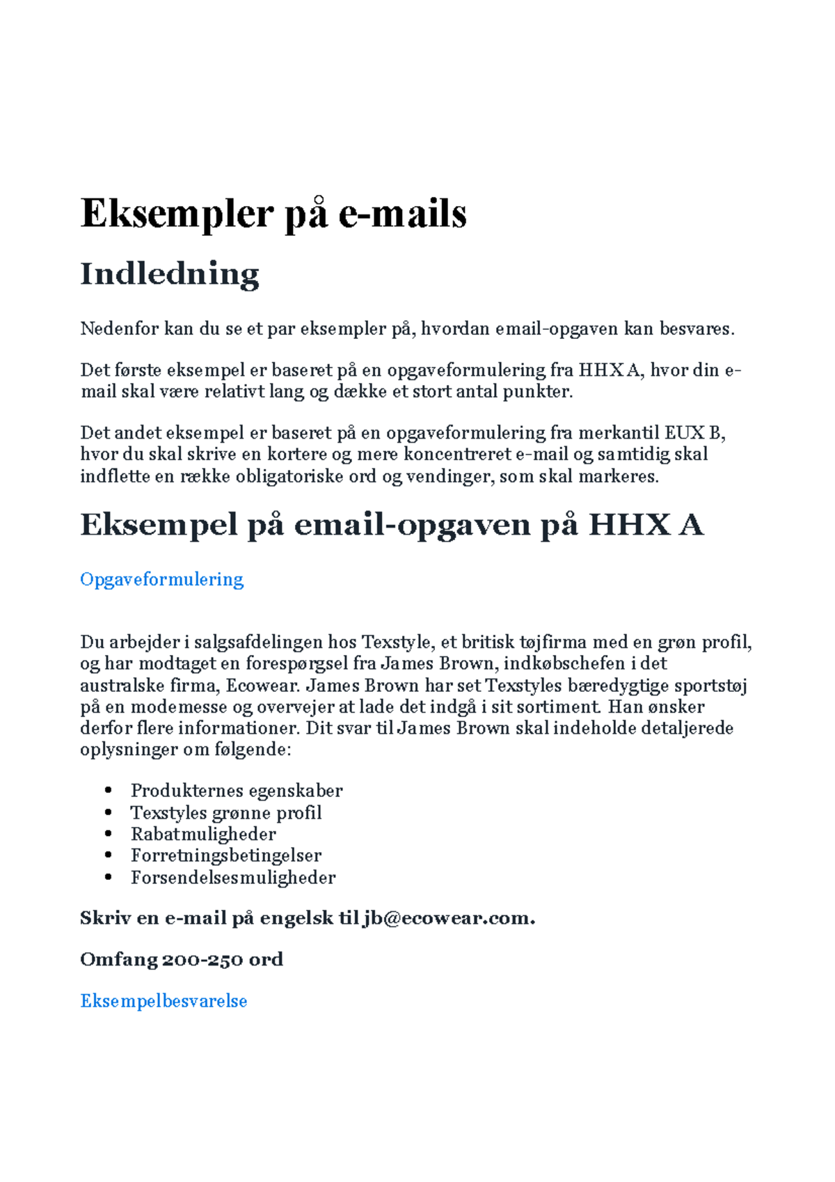 Eksempler på e-mails til HHX A og EUX B - Opgaveeksempler - Studocu