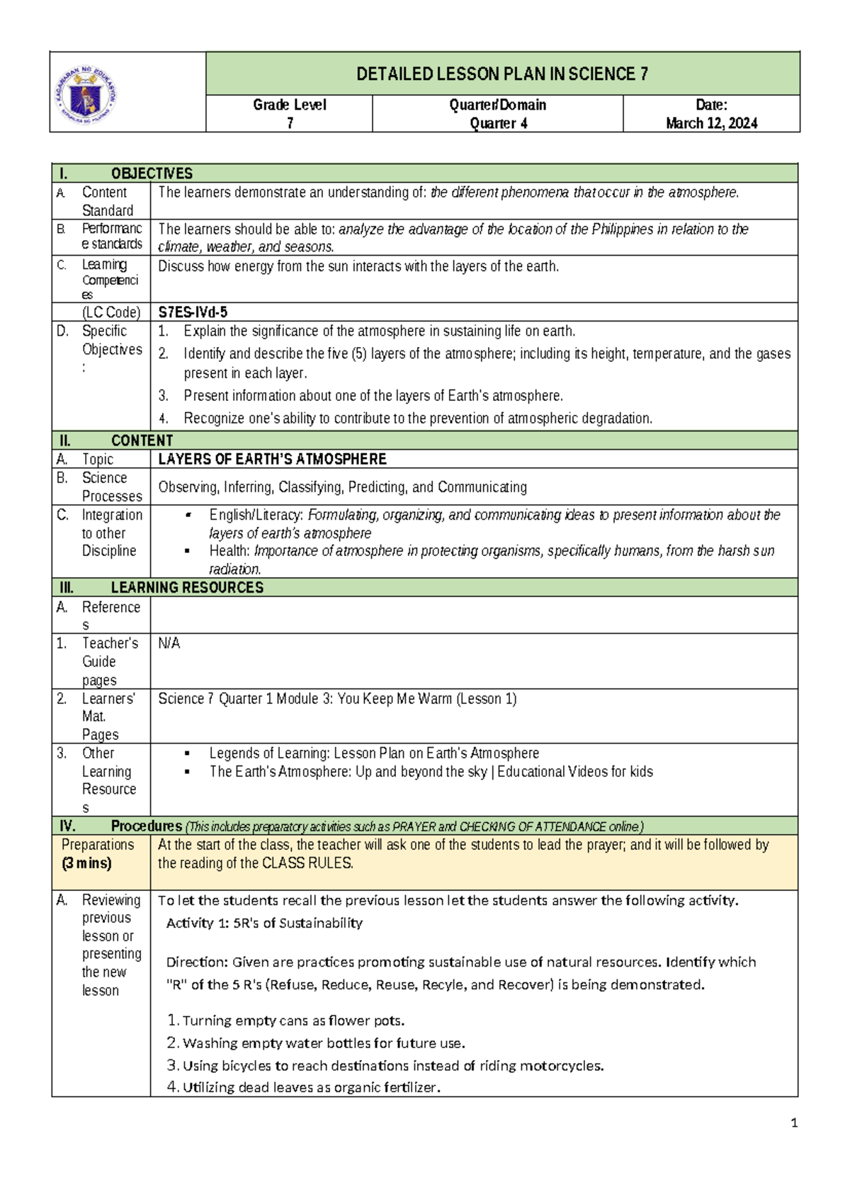 Detailed Lesson Plan: Layers of Atmosphere - Science 7 Quarter 4 - Studocu