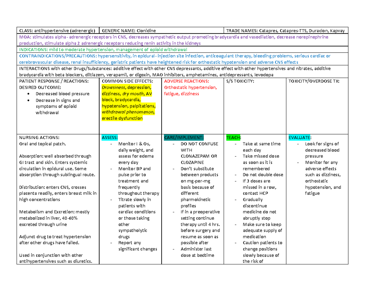 Clonidine Medication Card: Antihypertensive Overview & Guidelines - Studocu
