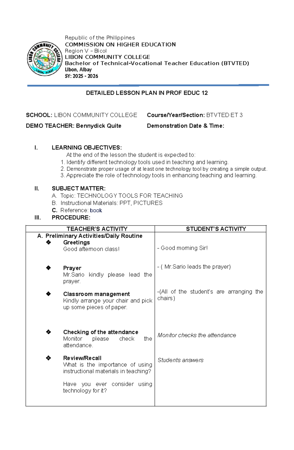 BTVTED TTL2 Detailed Lesson Plan: Technology Tools for Teaching - Studocu