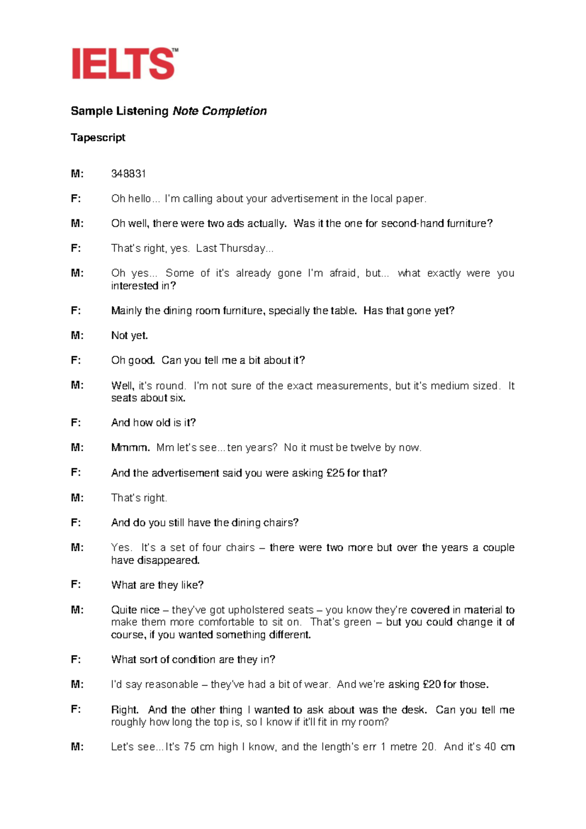 IELTS Listening Note Completion Transcript Answer Key (M: 348831) - Studocu