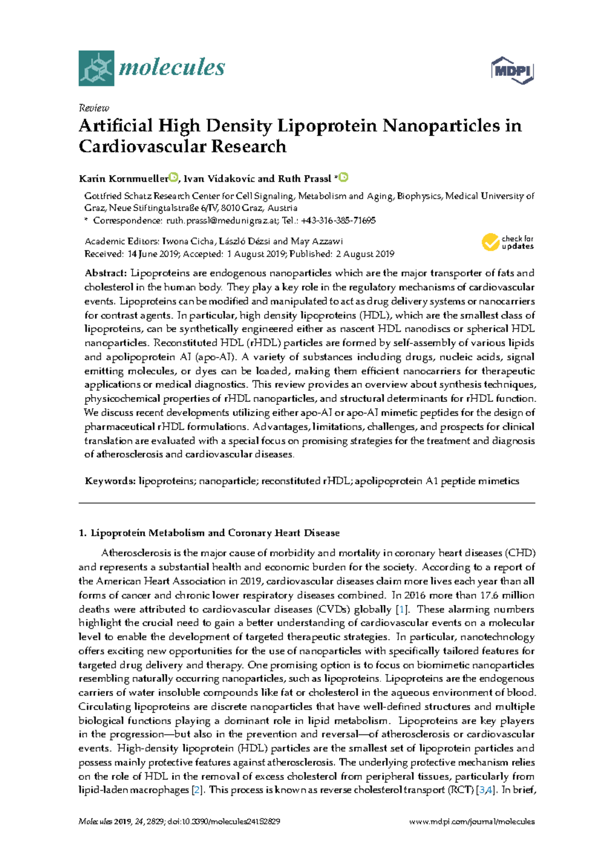 Cardiovascular Research: HDL Nanoparticles - Molecules 24 02829 v2 ...