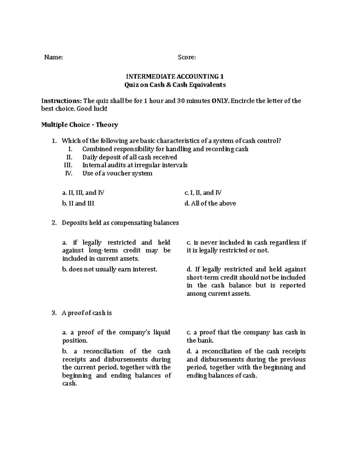 INTERMEDIATE ACCOUNTING 1 Quiz on Cash & Cash Equivalents Answers - Studocu