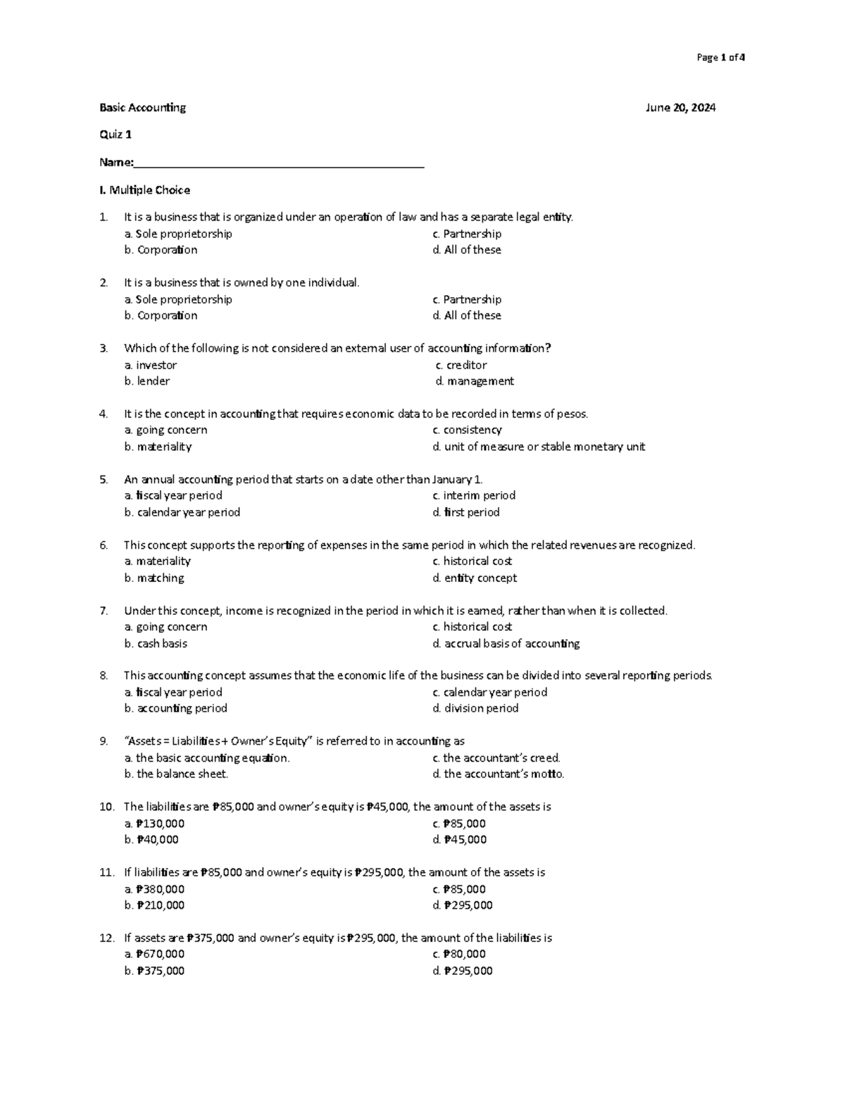 BA Quiz 1 Questionnaire - Basic Accounting June 20, 2024 Quiz 1 - Studocu