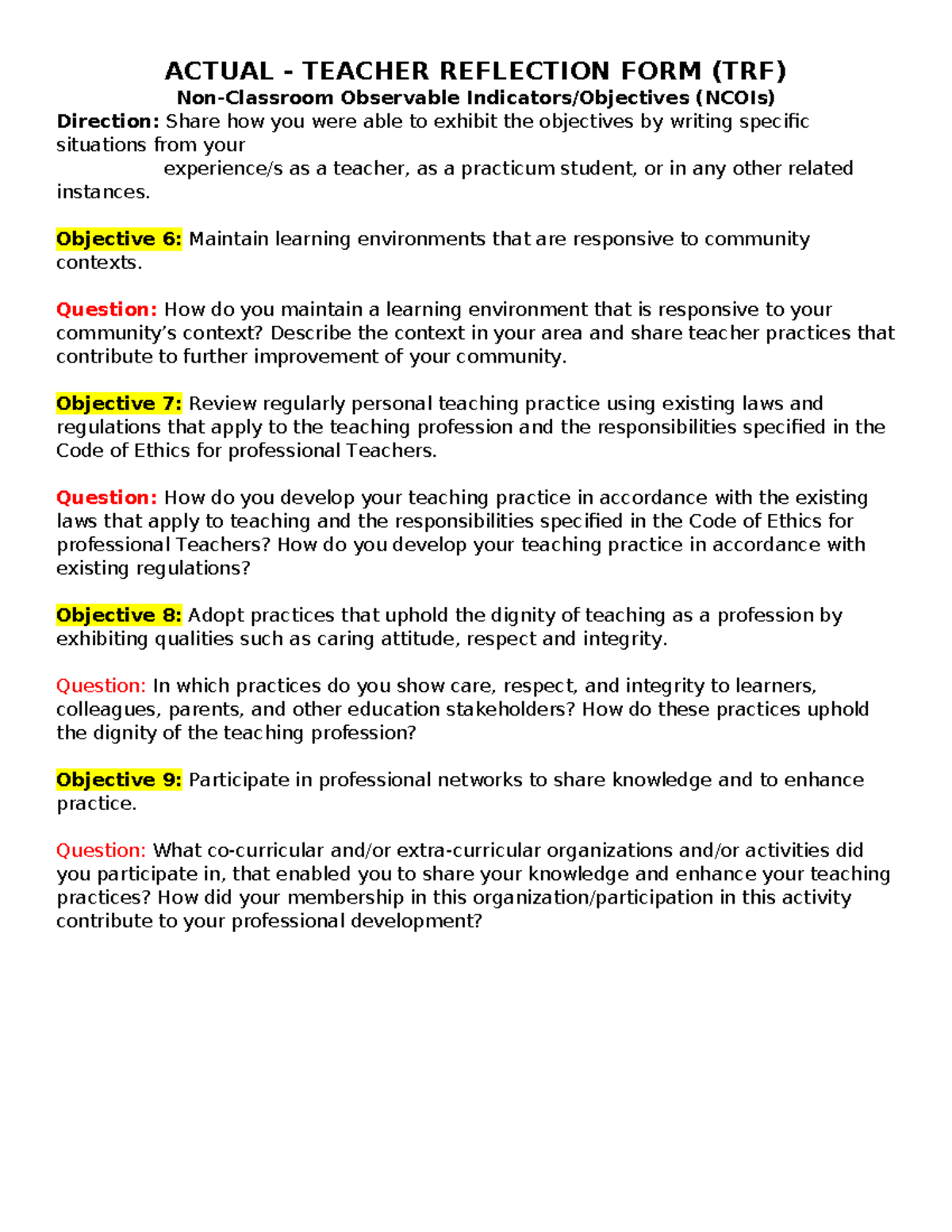 Actual TRF Objectives 6-9: NCOIs and Teaching Practices - Studocu
