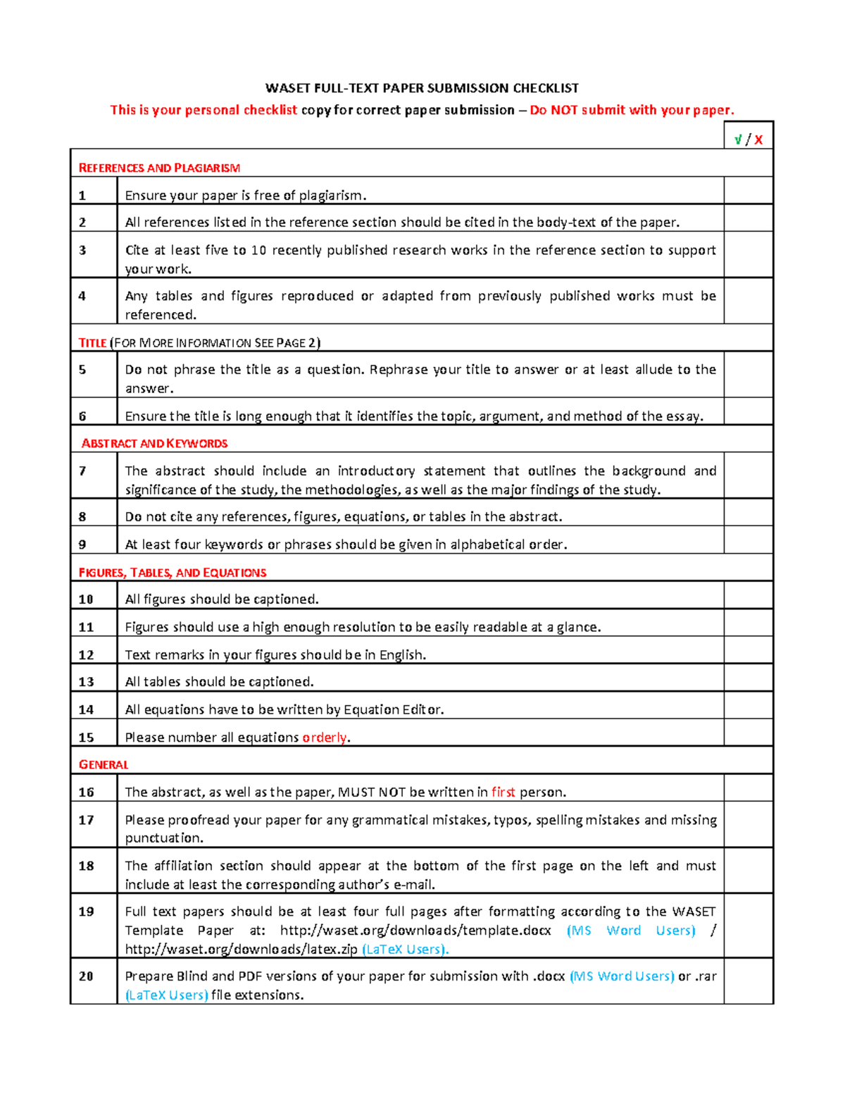 WASET Paper Submission Checklist for Full-Text Papers - Studocu