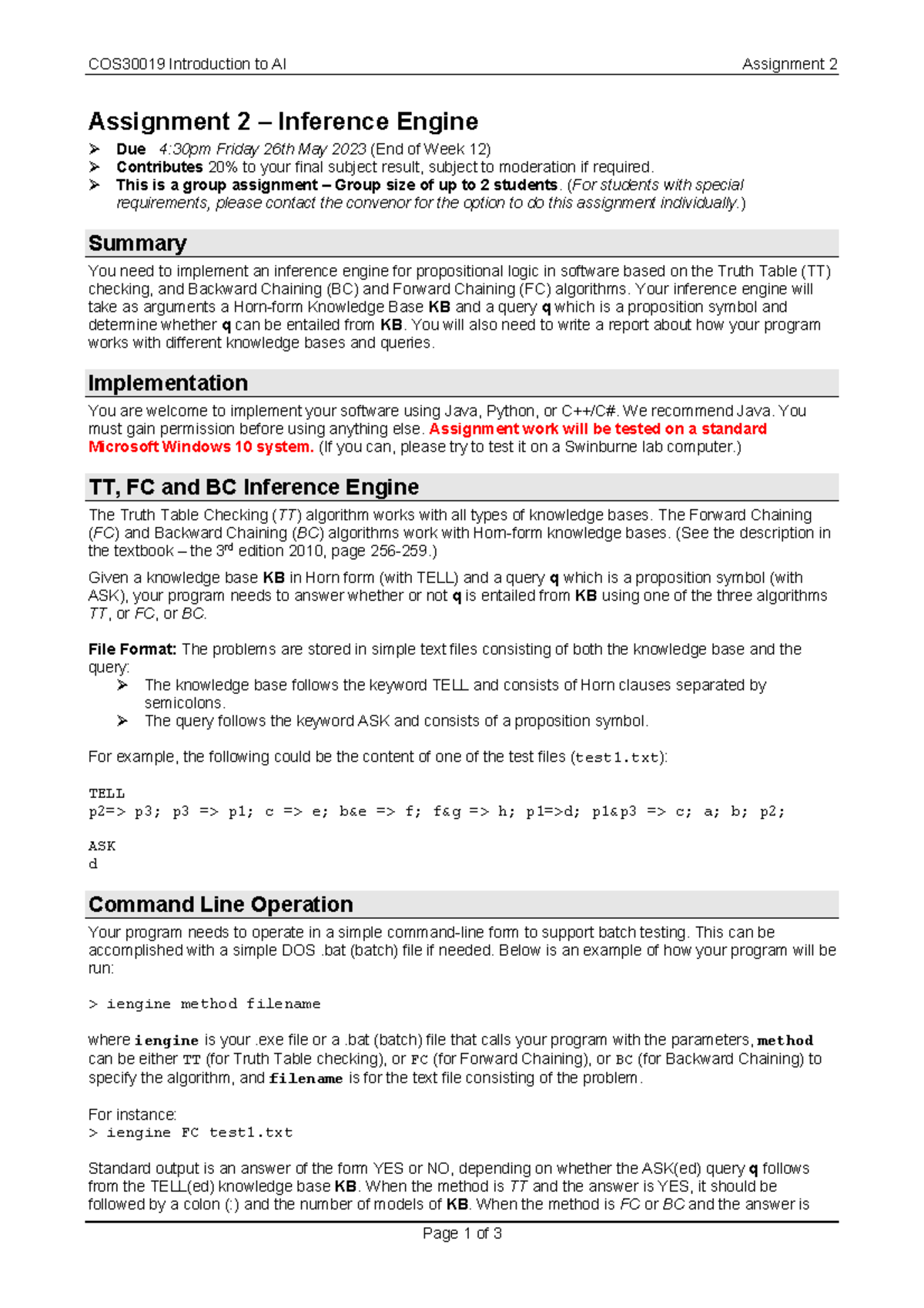 COS30019-2023 S1-A2 - Inference Engine Assignment Requirements - Studocu