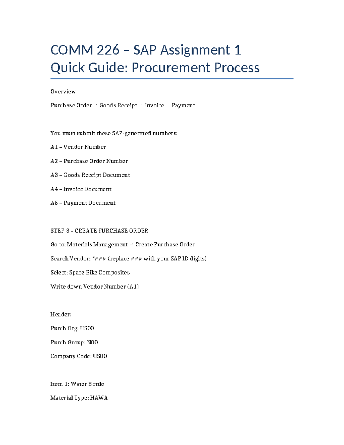 COMM 226 SAP A1 Quick Guide: Procurement Process Steps - Studocu