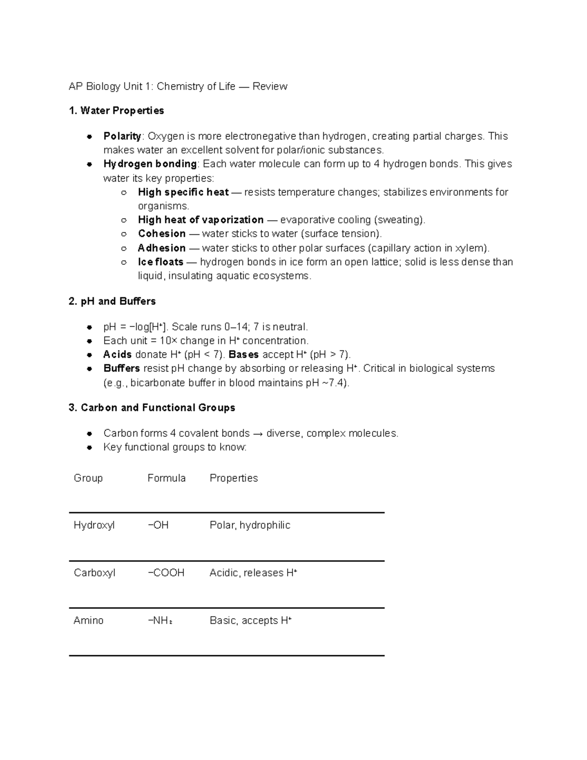 AP Biology Unit 1: Chemistry of Life Review Notes - Studocu