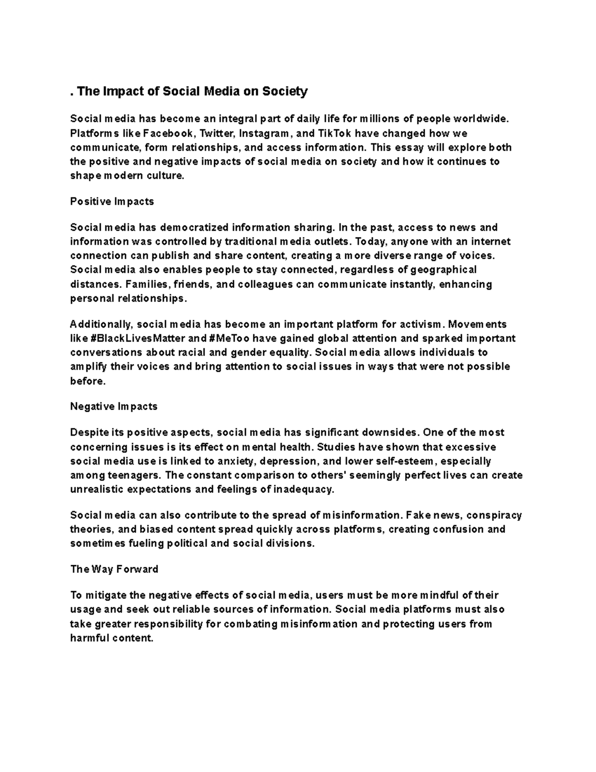 The Impact of Social Media on Society: A Comprehensive Essay - Studocu