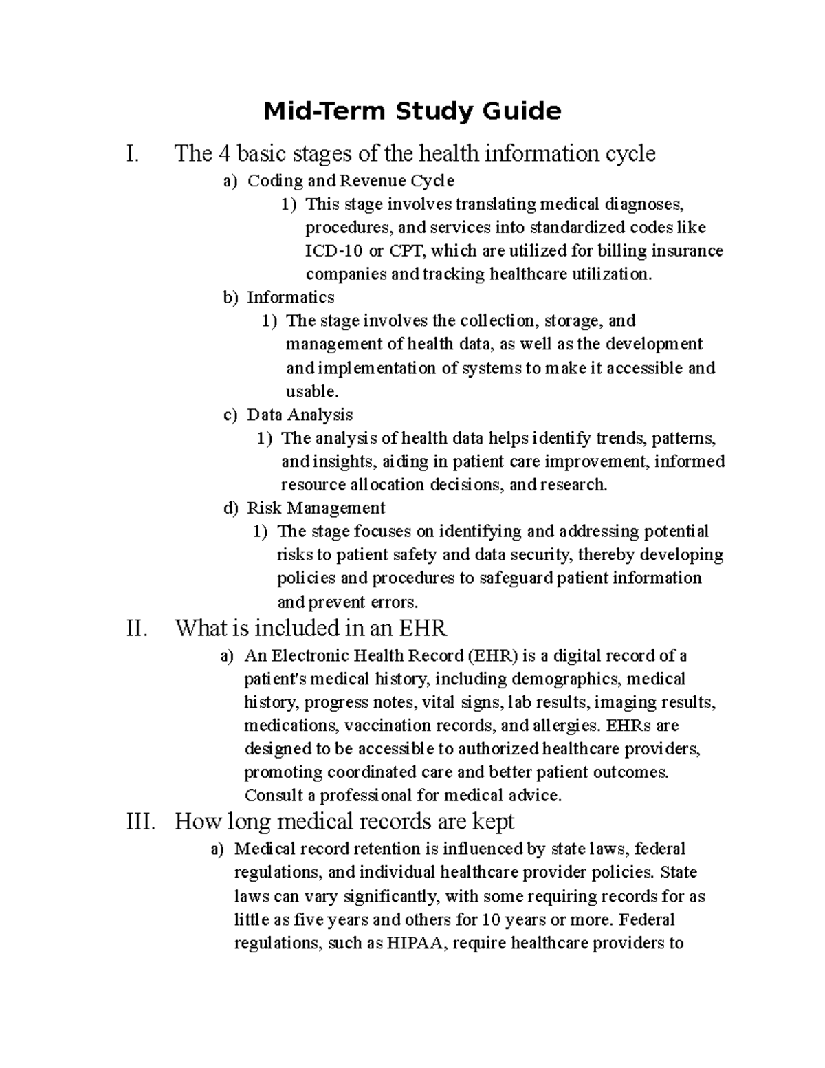 Mid-Term study sheet - Mid-Term Study Guide I. The 4 basic stages of ...