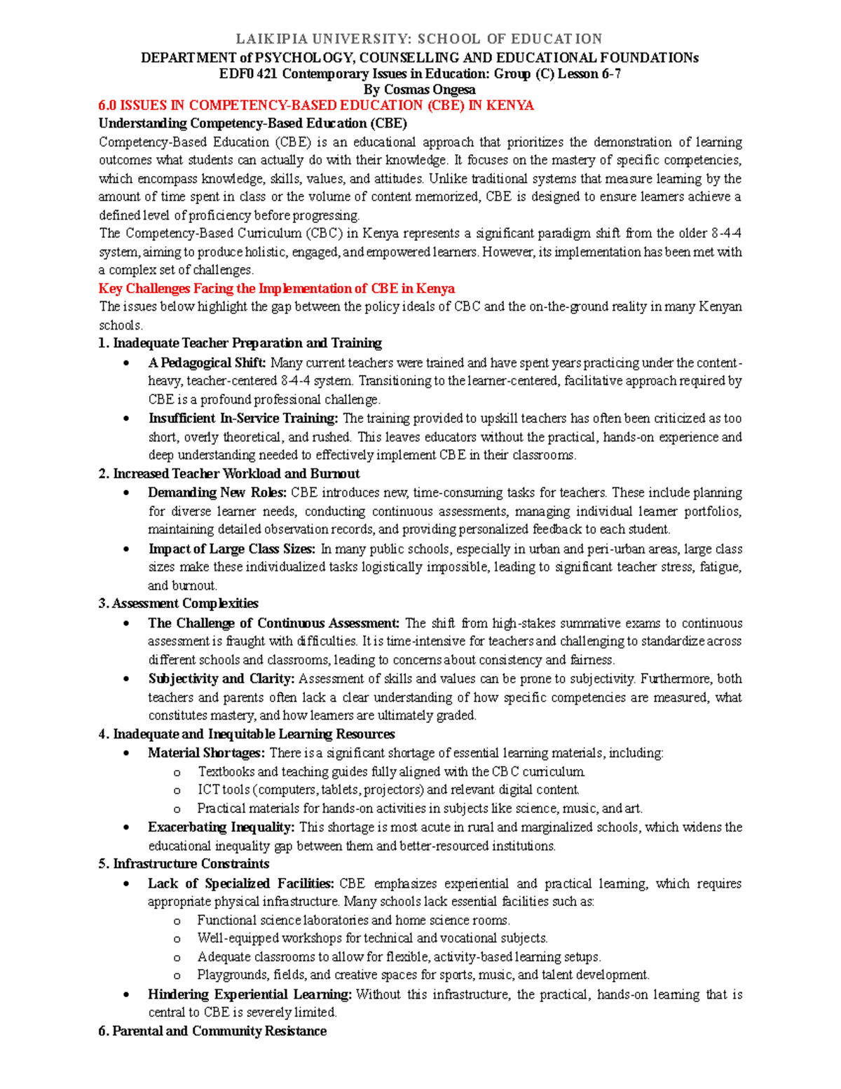 EDFO 421 Lesson 6-7: Key Issues in Education (CBE) in Kenya - Studocu