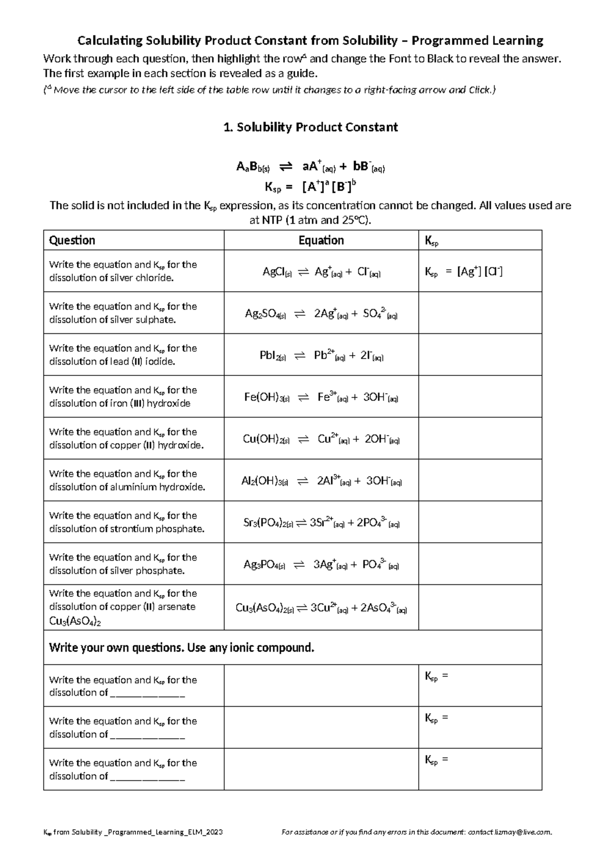 Ksp Calculations from Solubility: Programmed Learning Guide 3c - Studocu