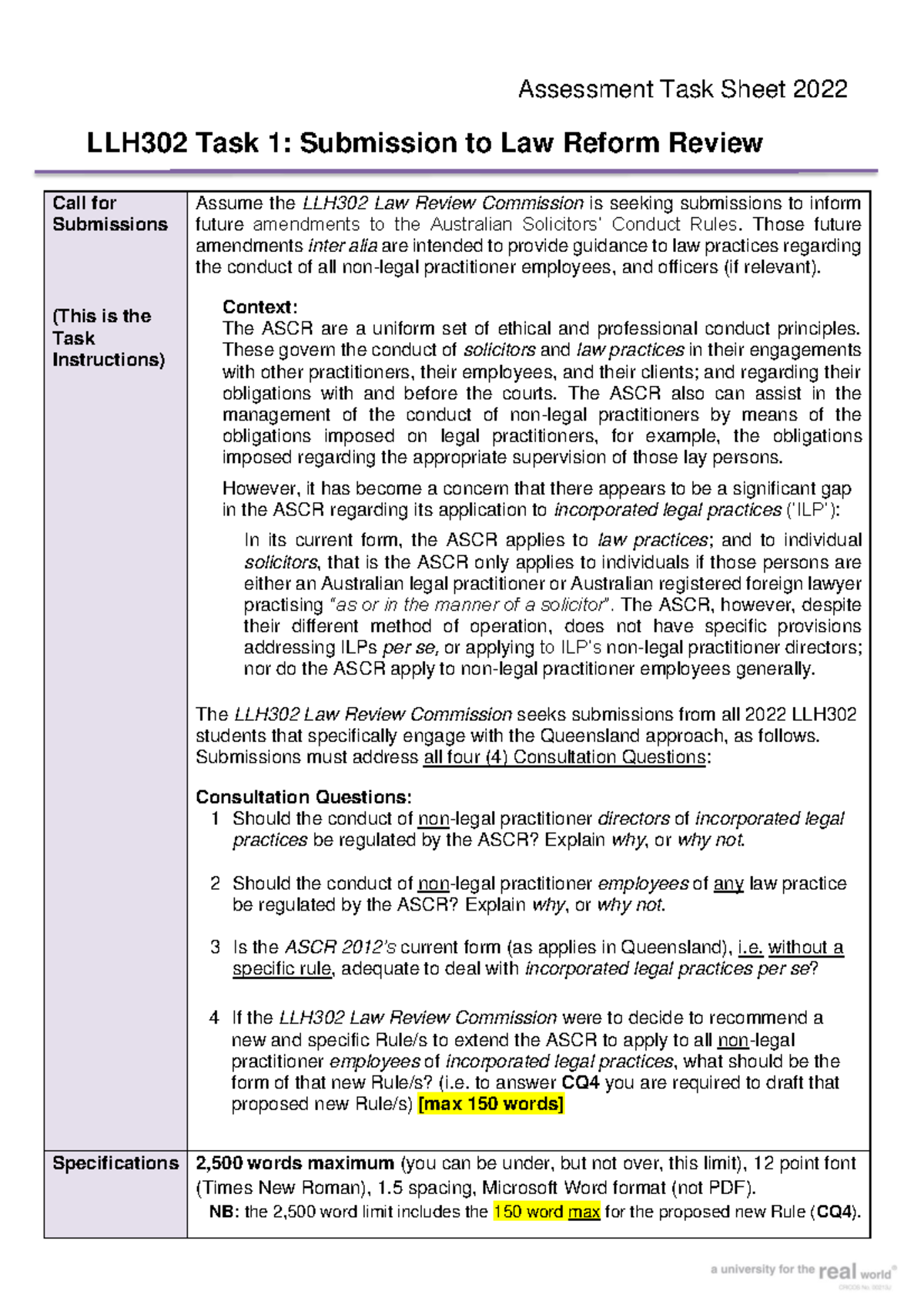 LLH302 2022 Task 1 Task Instructions 2022 - Assessment Task Sheet 2022 ...