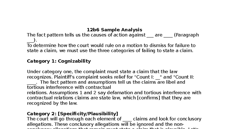 Civ Pro 12(b)(6) & PJ Analysis: Exam Outline & Sample Answers - Studocu