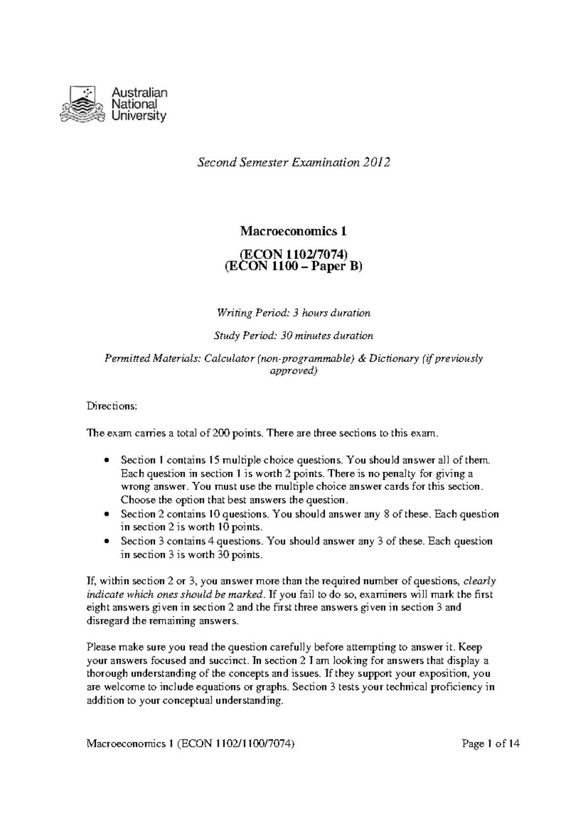 Sample/practice exam 2012, questions - Second Semester Examination 2012 ...