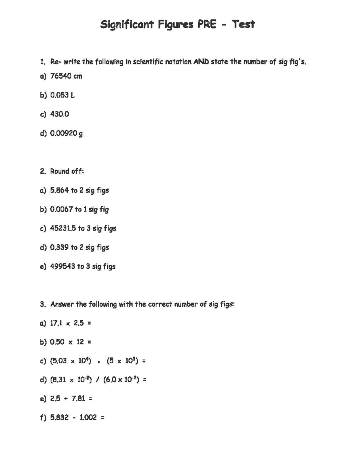 Sig Figs PRE Test 1: Practice on Scientific Notation & Rounding - Studocu