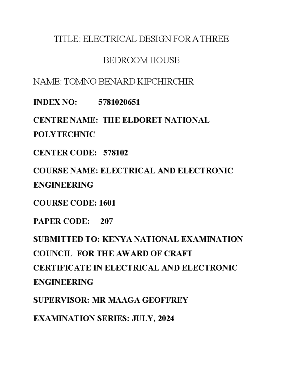 Electrical Design Project for 3 Bedroom House - Eng 1601 - Studocu