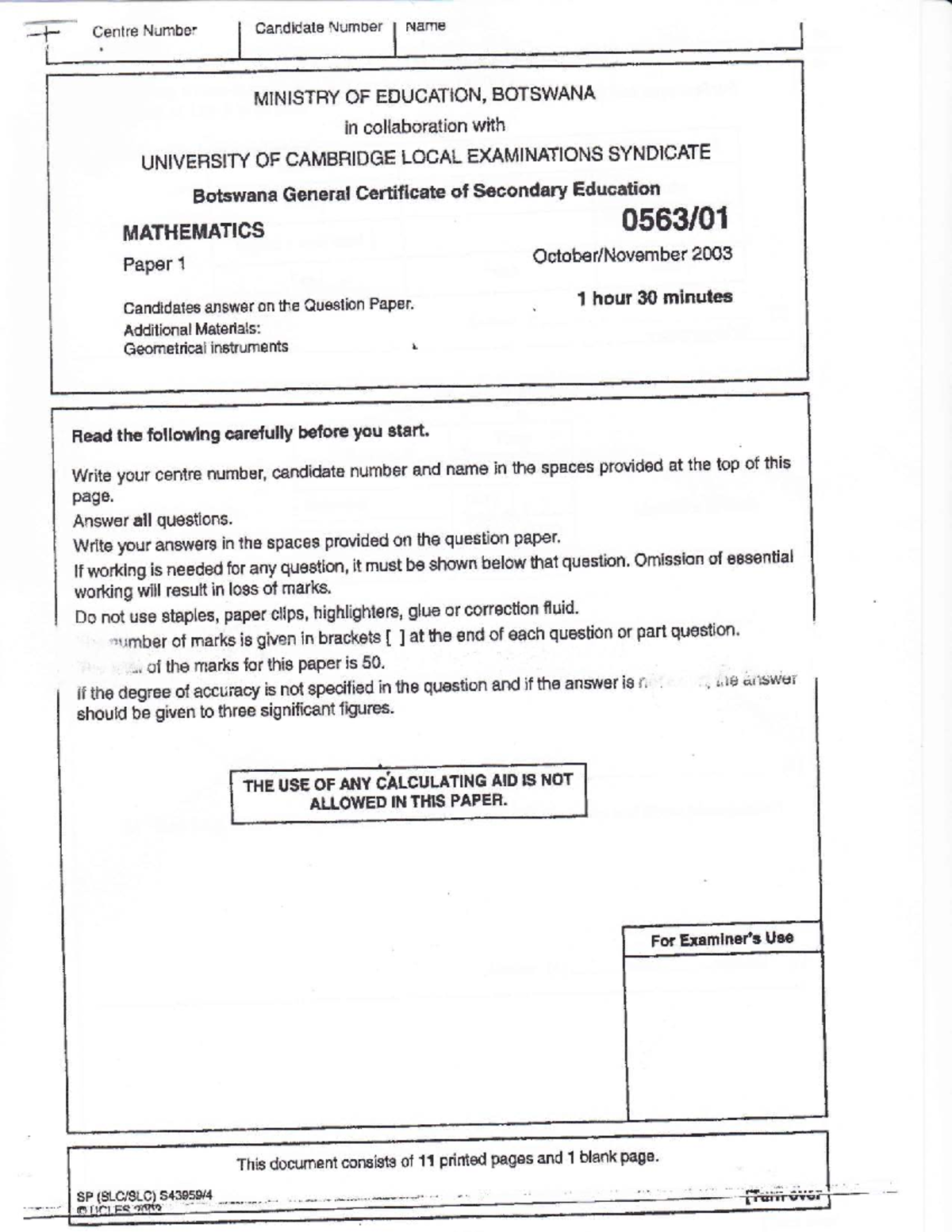 P1 2003 - Mathematics Paper 1 (Final Exam) for Revision and Practice ...