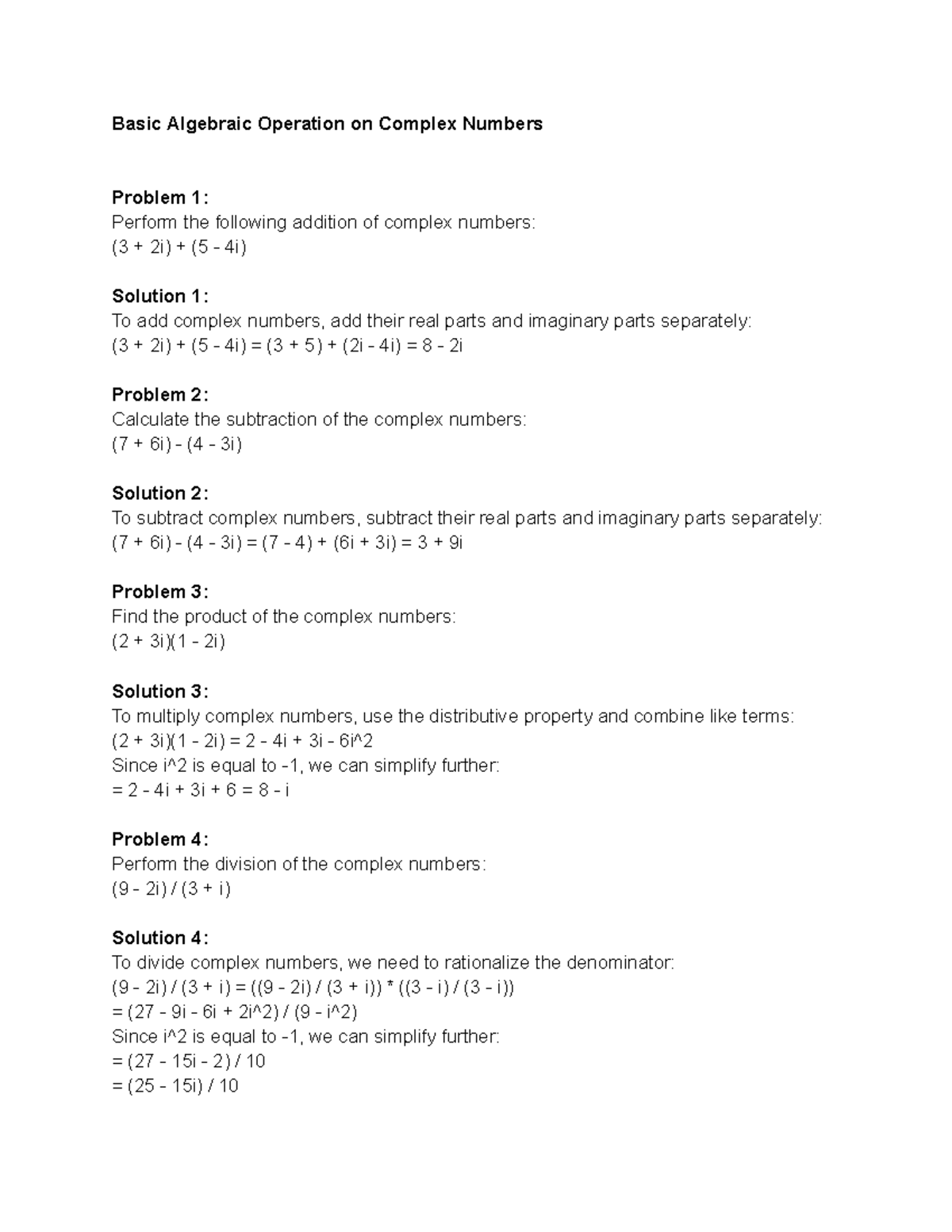 Adv Math - Lecture NOTES - Basic Algebraic Operation on Complex Numbers ...
