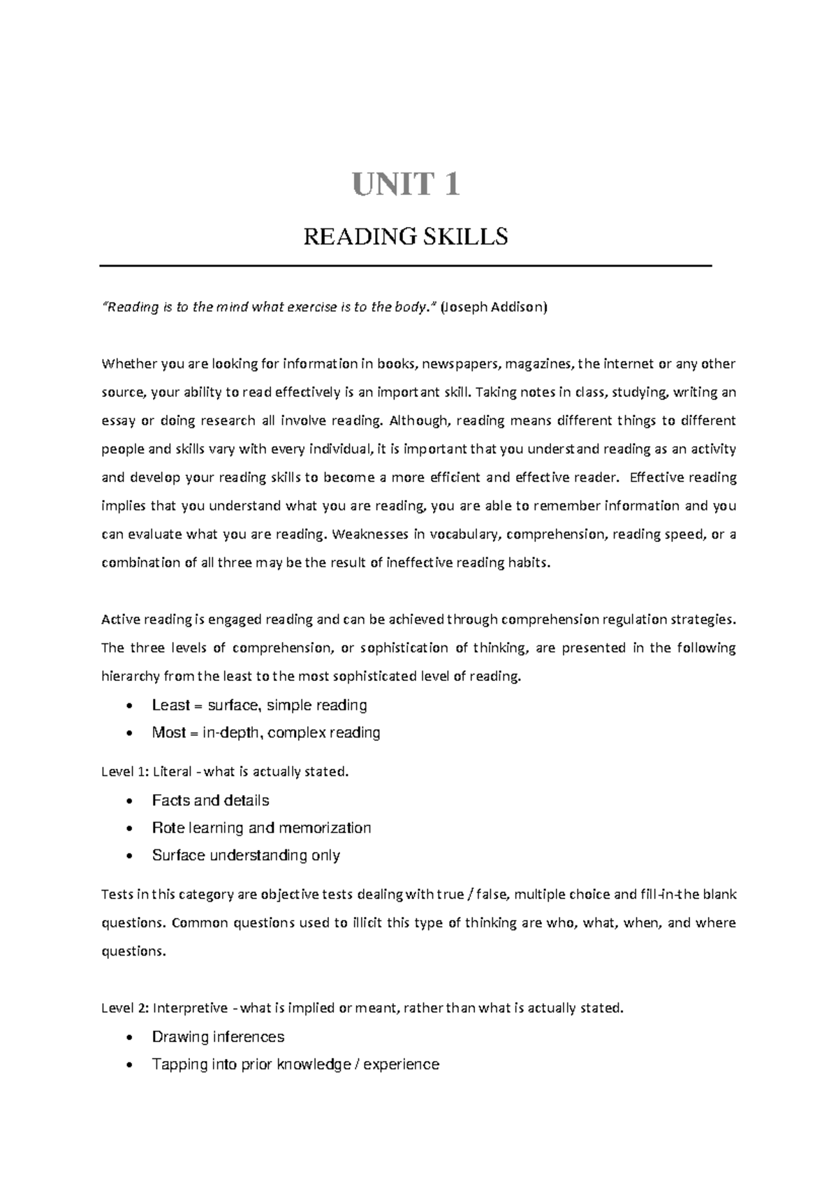CCU105D Final Exam Notes on Reading Skills and Strategies - Studocu