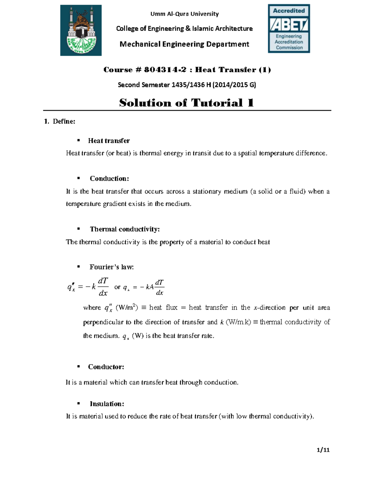 A HT1 Solution Guide for Heat Transfer Tutorial 1 (Course 804314-2 ...