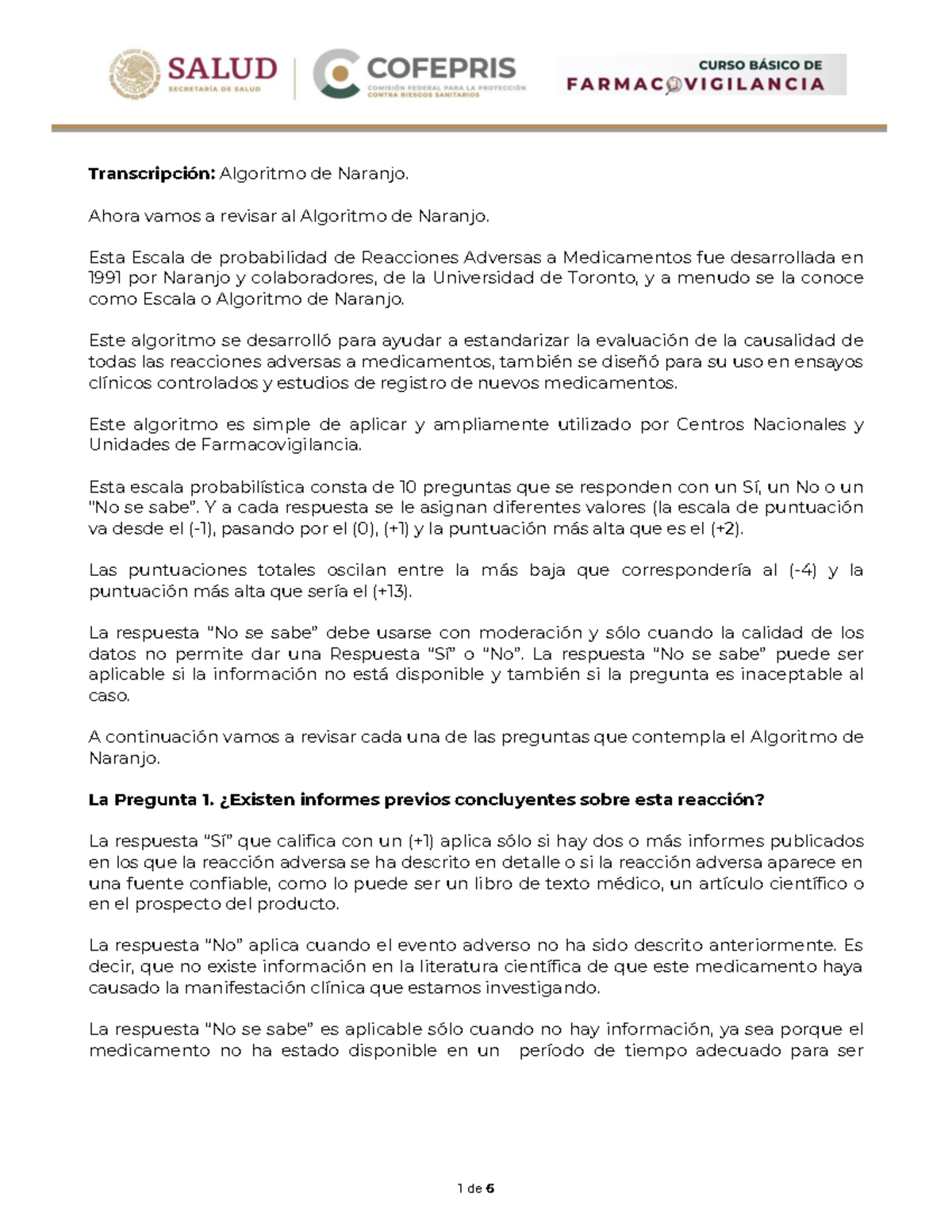 Transcripción del Algoritmo de Naranjo sobre Reacciones Adversas - Studocu