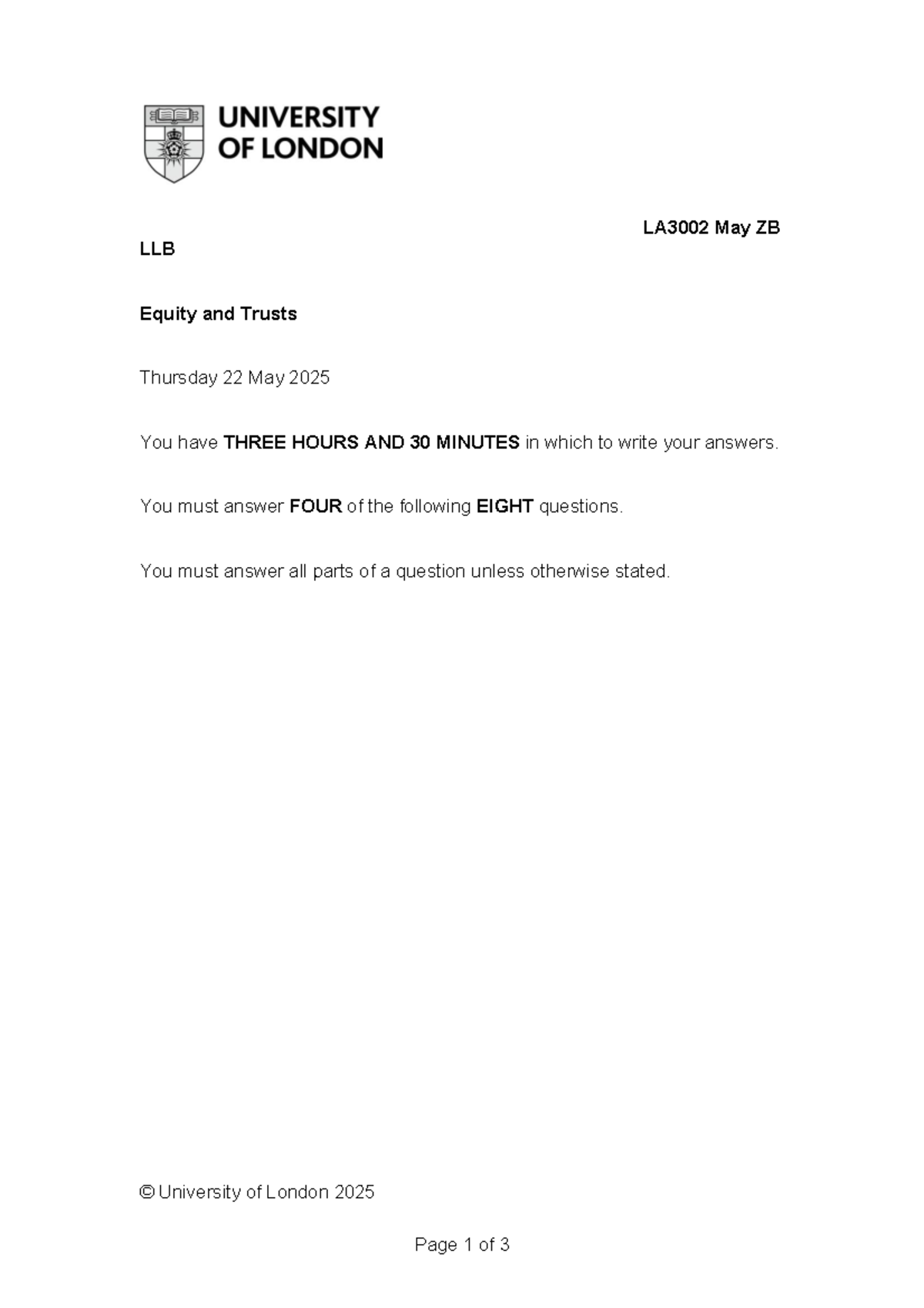 LA3002 Equity and Trusts Exam Paper - May 2025 - Studocu