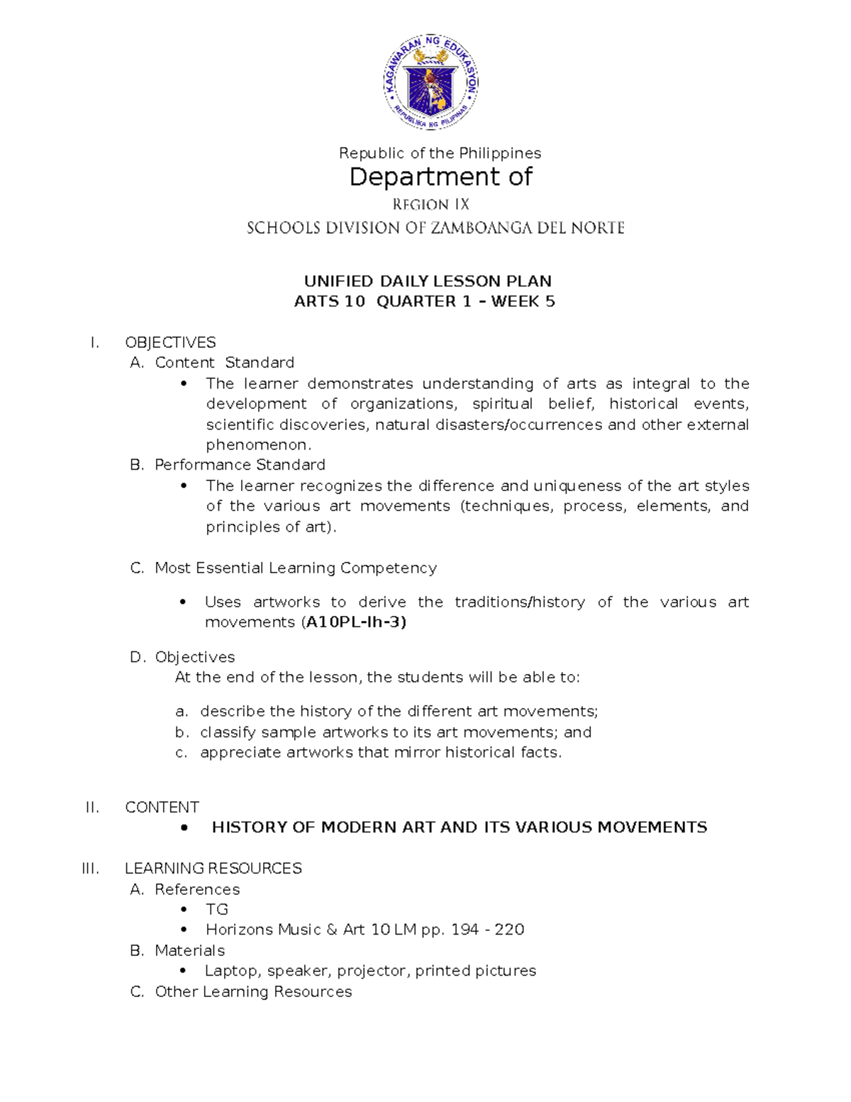 ARTS 10 Q1 W5 - Comprehensive Daily Lesson Plan for MAPEH 10 - Studocu