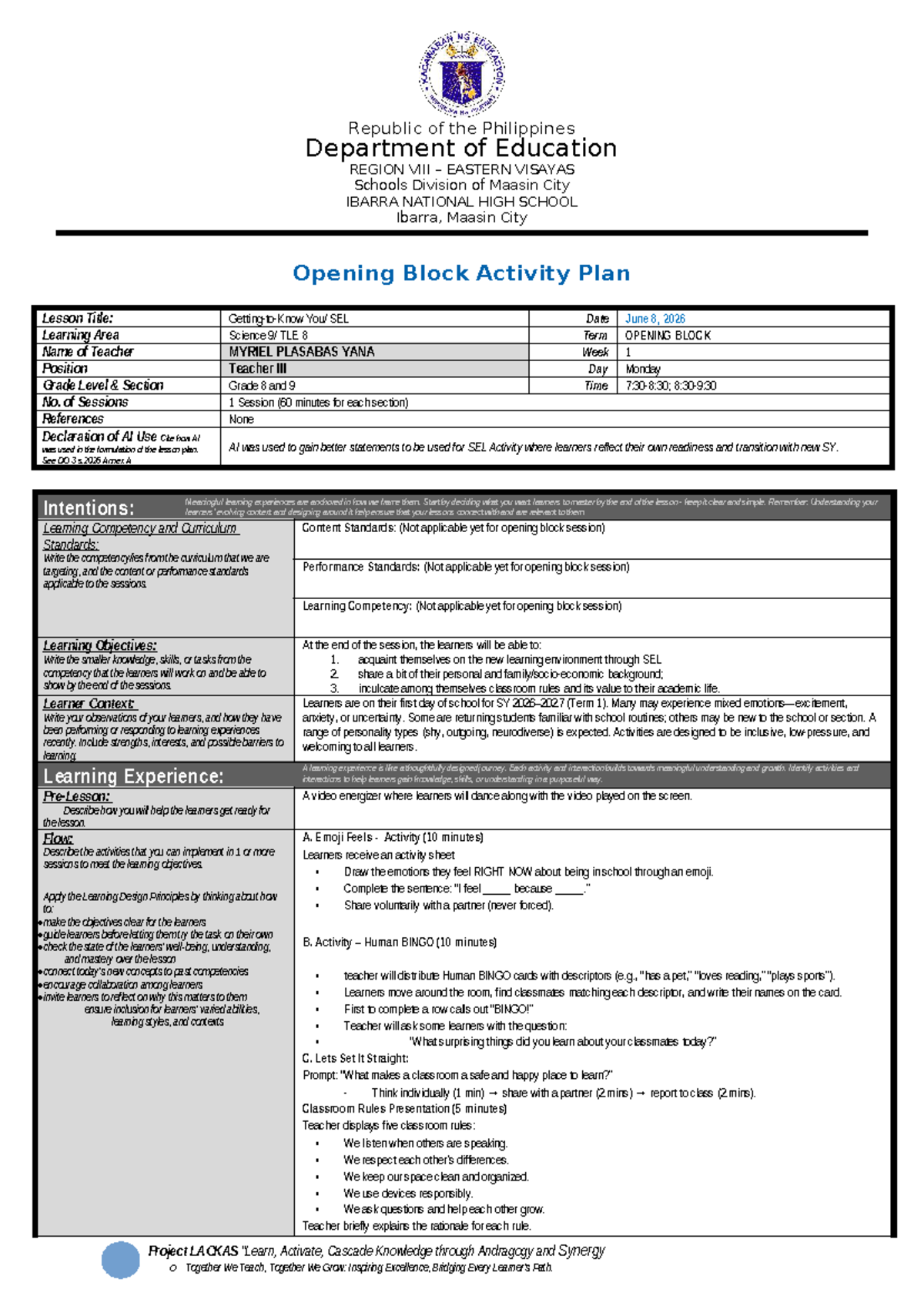 Grade 8 & 9 Opening Block Activity Plan: SEL Lesson (June 2026) - Studocu
