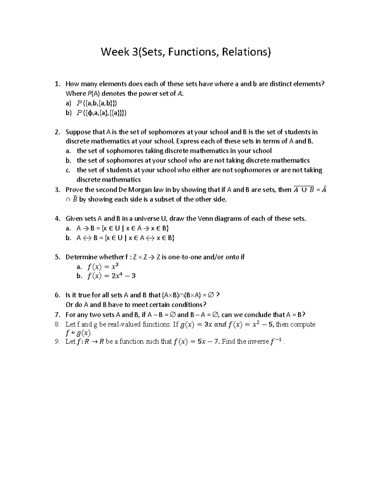 Week 3: Sets, Functions, and Relations Overview - Studocu