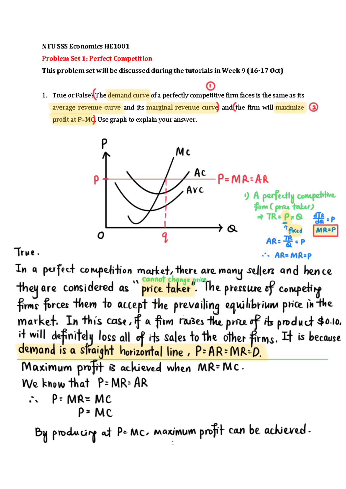 NTU HE1001 Problem Set 1 - NTU SSS Economics HE Problem Set 1: Perfect ...