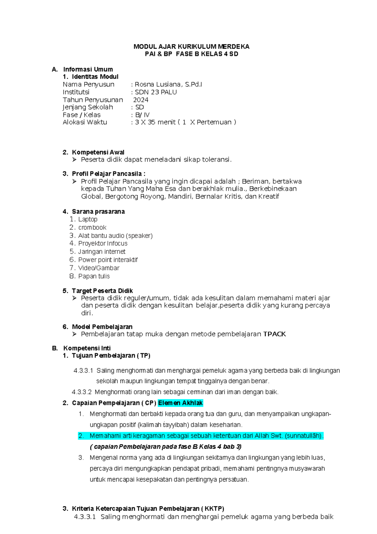 Modul Ajar Kurikulum Merdeka PAI BP Fase B Kelas 4 SD A - TPACK - Studocu
