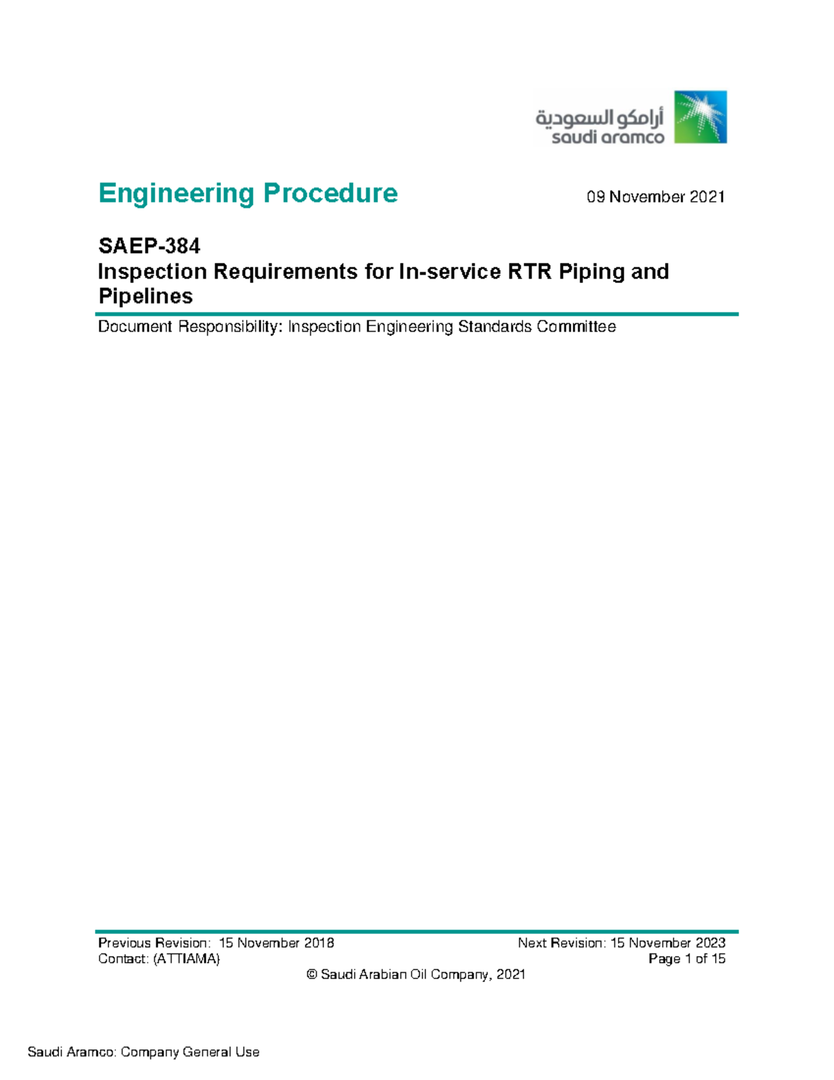 SAEP-384: Inspection Requirements for RTR Piping and Pipelines - Studocu