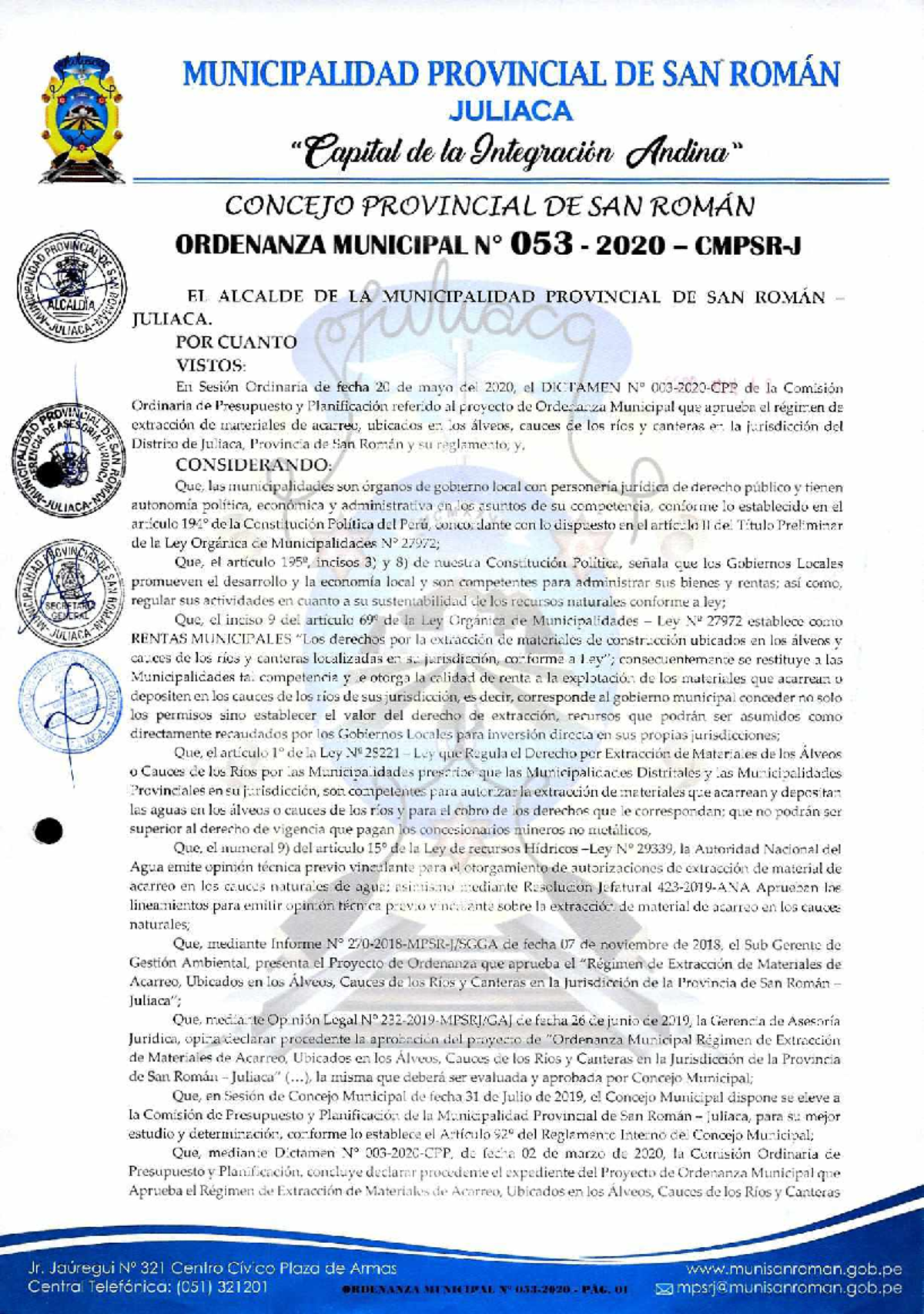 Ordenanza Municipal N° 053-2020 sobre Extracción de Materiales en Juliaca - Document Preview